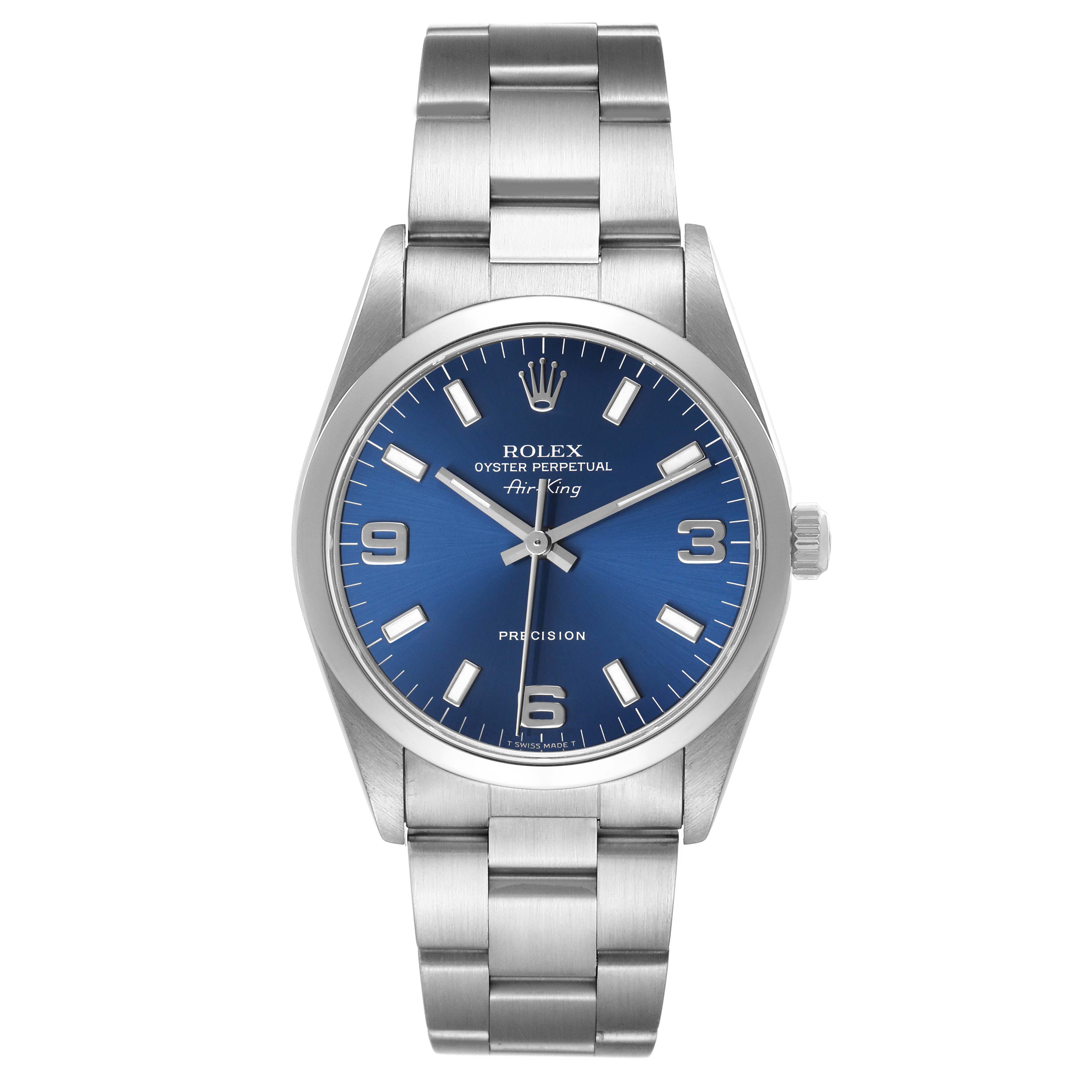 The Rolex Air-King 14000 Men's Stainless Steel Blue Dial is shown from the front, displaying its blue dial, silver hour markers, and stainless steel bracelet.
