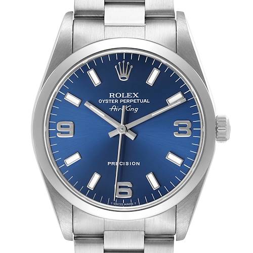 The Rolex Air-King 14000 Men's Stainless Steel Blue Dial watch is shown from a front angle, featuring the dial, case, and part of the bracelet.