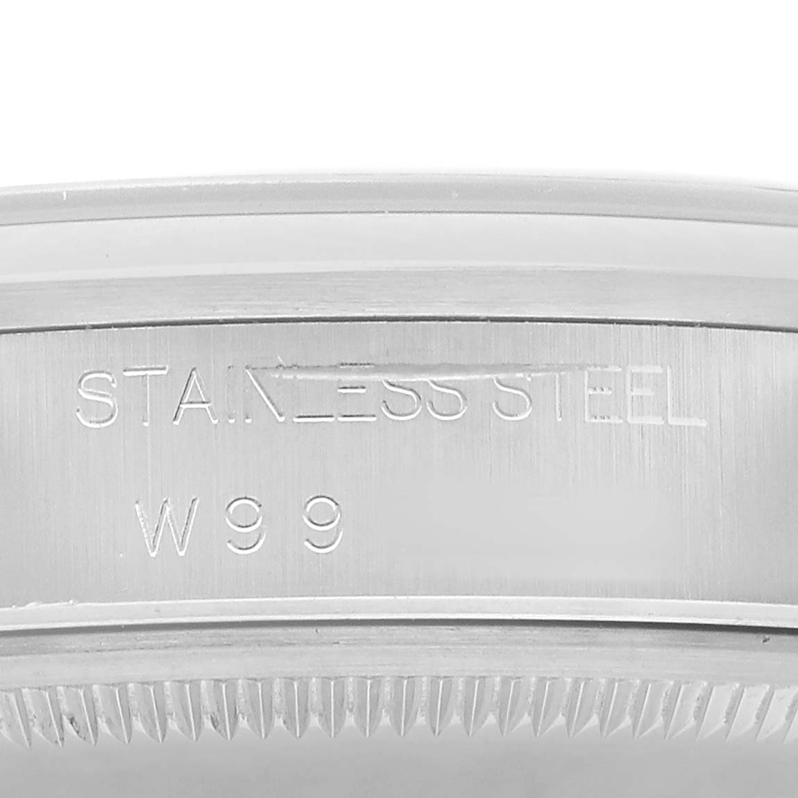 The image shows a close-up of the side of a Rolex Air-King 14000 Men's Stainless Steel Blue Dial watch, highlighting the stainless steel engraving.