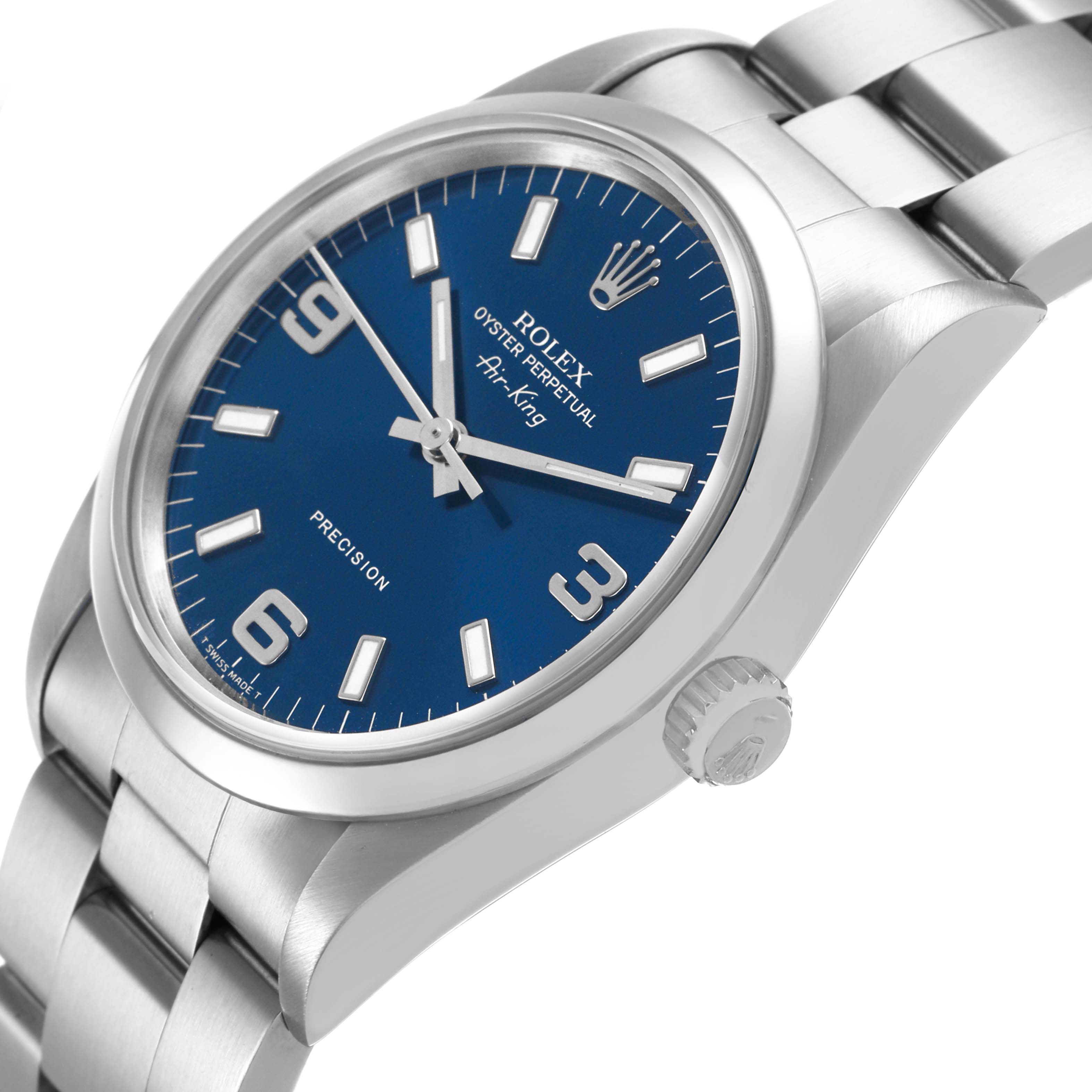 The Rolex Air-King 14000 Men's Stainless Steel Blue Dial is shown at an angled side view, highlighting the blue dial, crown, and stainless steel bracelet.