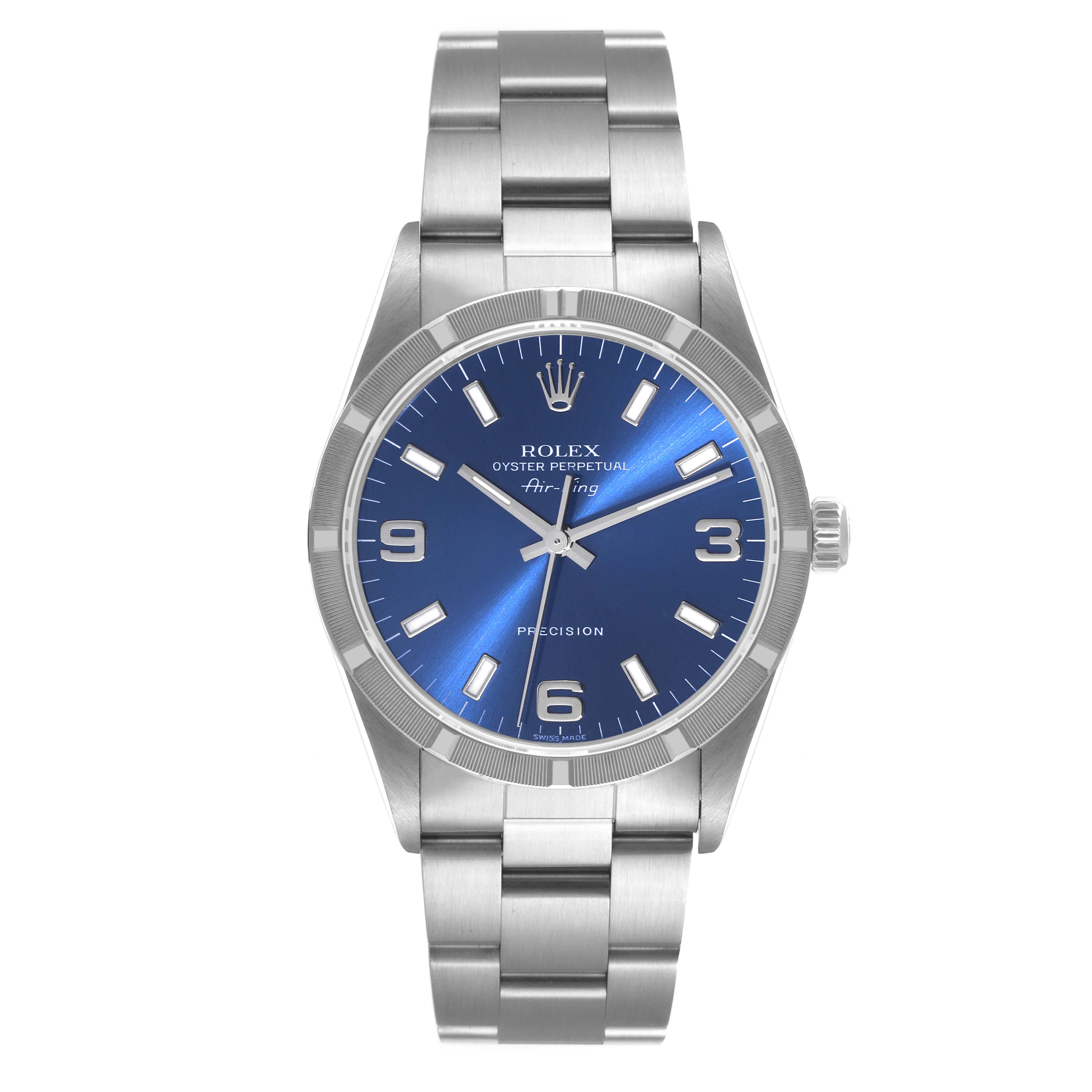 The Rolex Air-King 14010 Men's Stainless Steel Blue Dial 14010 Men's Stainless Steel Blue Dial watch is shown from a front angle, displaying its blue dial, silver bracelet, and bezel.