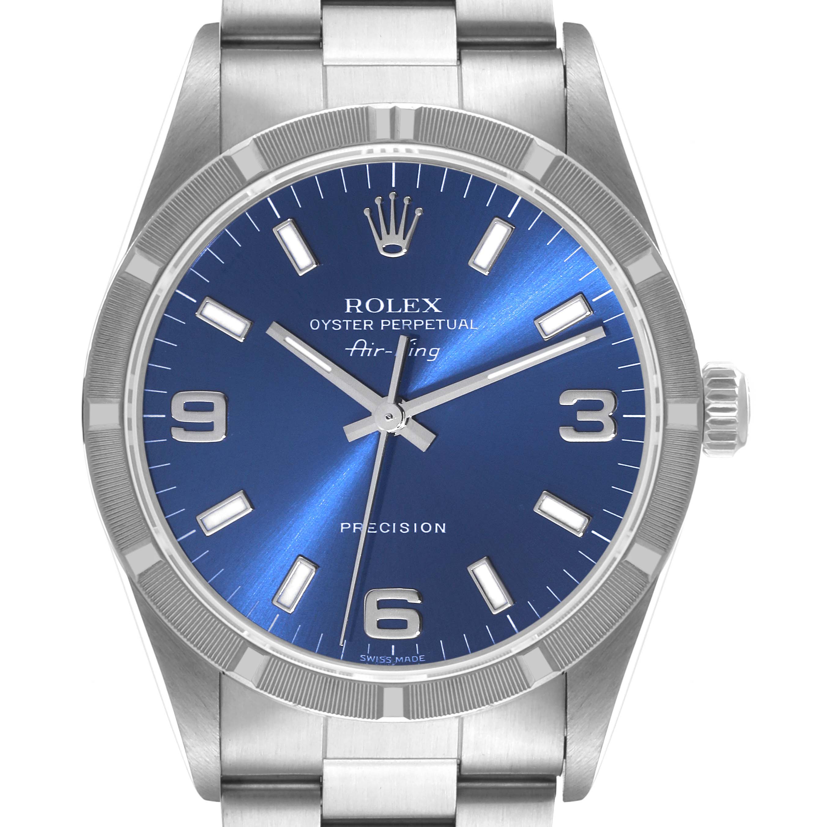 The image shows a front view of the Rolex Air-King 14010 Men's Stainless Steel Blue Dial 14010 Men's Stainless Steel Blue Dial watch, highlighting its blue dial, hour markers, and stainless steel bracelet.