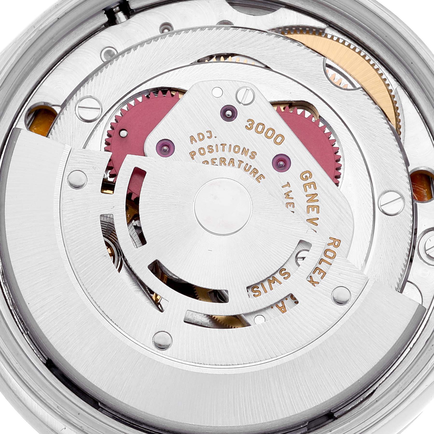 This image shows the internal mechanical movement of a Rolex Air-King 14010 Men's Stainless Steel Blue Dial 14010 Men's Stainless Steel Blue Dial watch, featuring gears and the rotor.