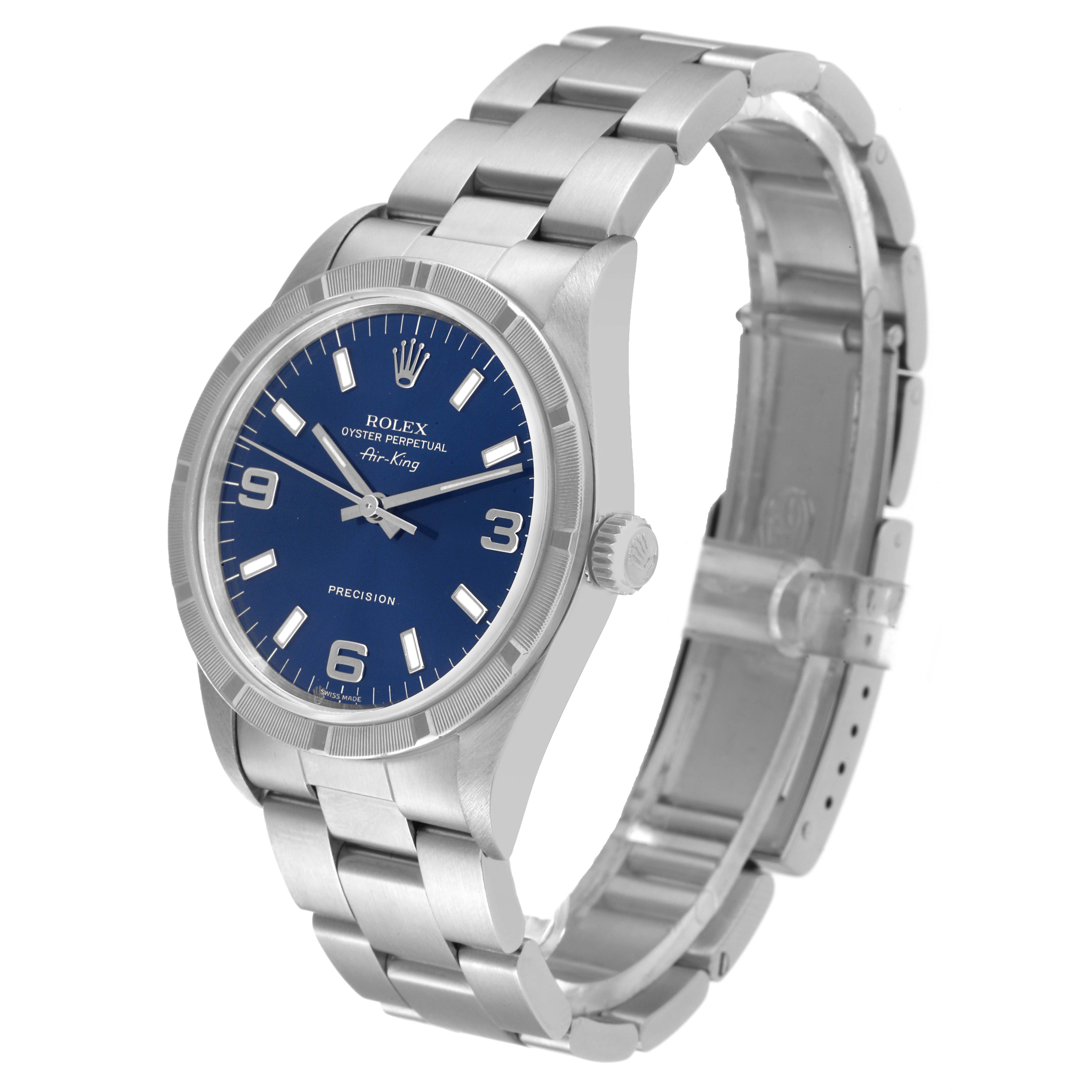 The image shows a side angle of the Rolex Air-King 14010 Men's Stainless Steel Blue Dial 14010 Men's Stainless Steel Blue Dial watch's face and bracelet.