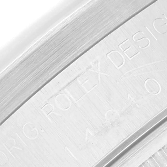 Close-up of the case back edge of a Rolex Air-King 14010 Men's Stainless Steel Blue Dial 14010 Men's Stainless Steel Blue Dial watch, showing engraving details.