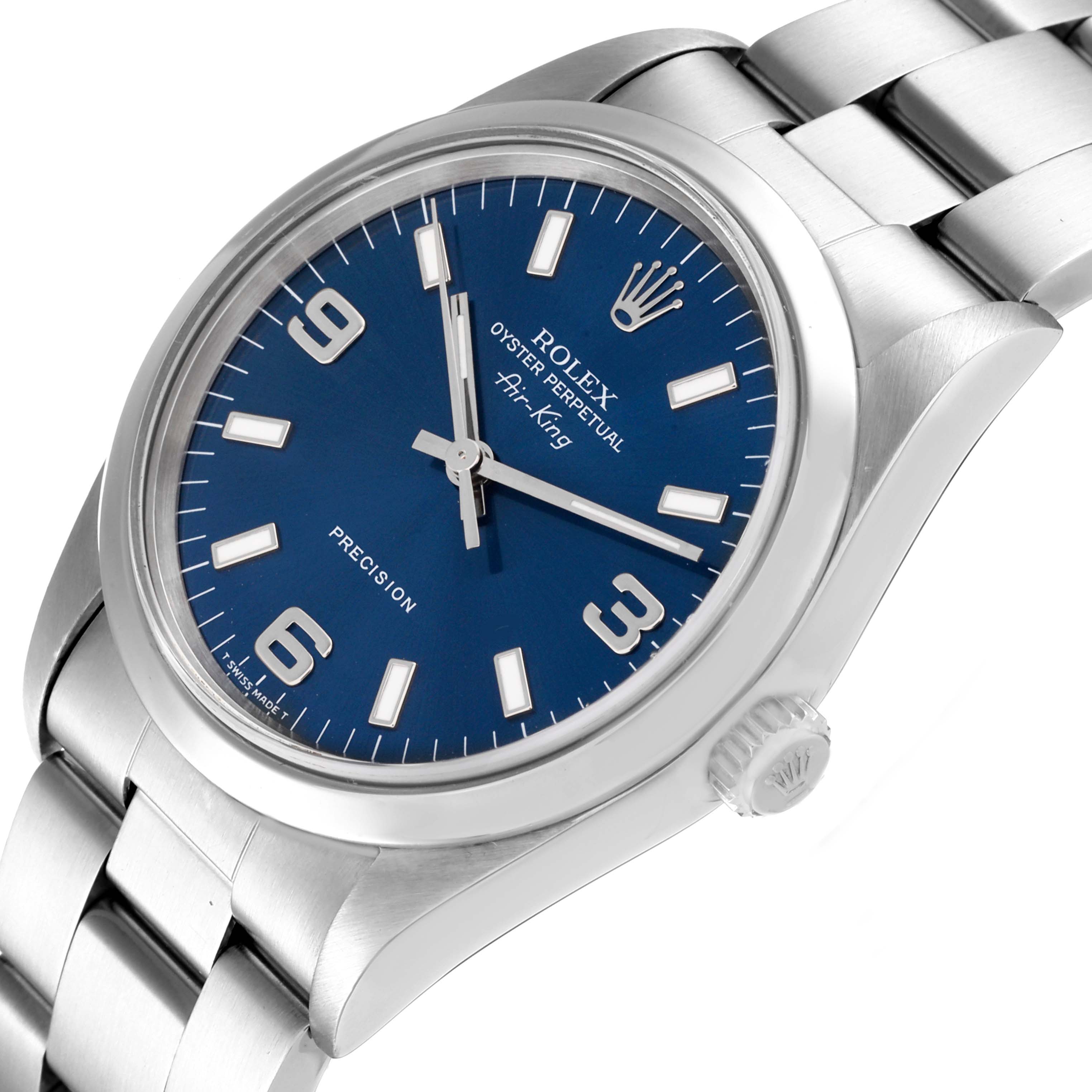 The image shows the Rolex Air-King 14000 Men's Stainless Steel Blue Dial 14000 Men's Stainless Steel Blue Dial watch at an angled close-up, highlighting the face, bezel, crown, and part of the bracelet.