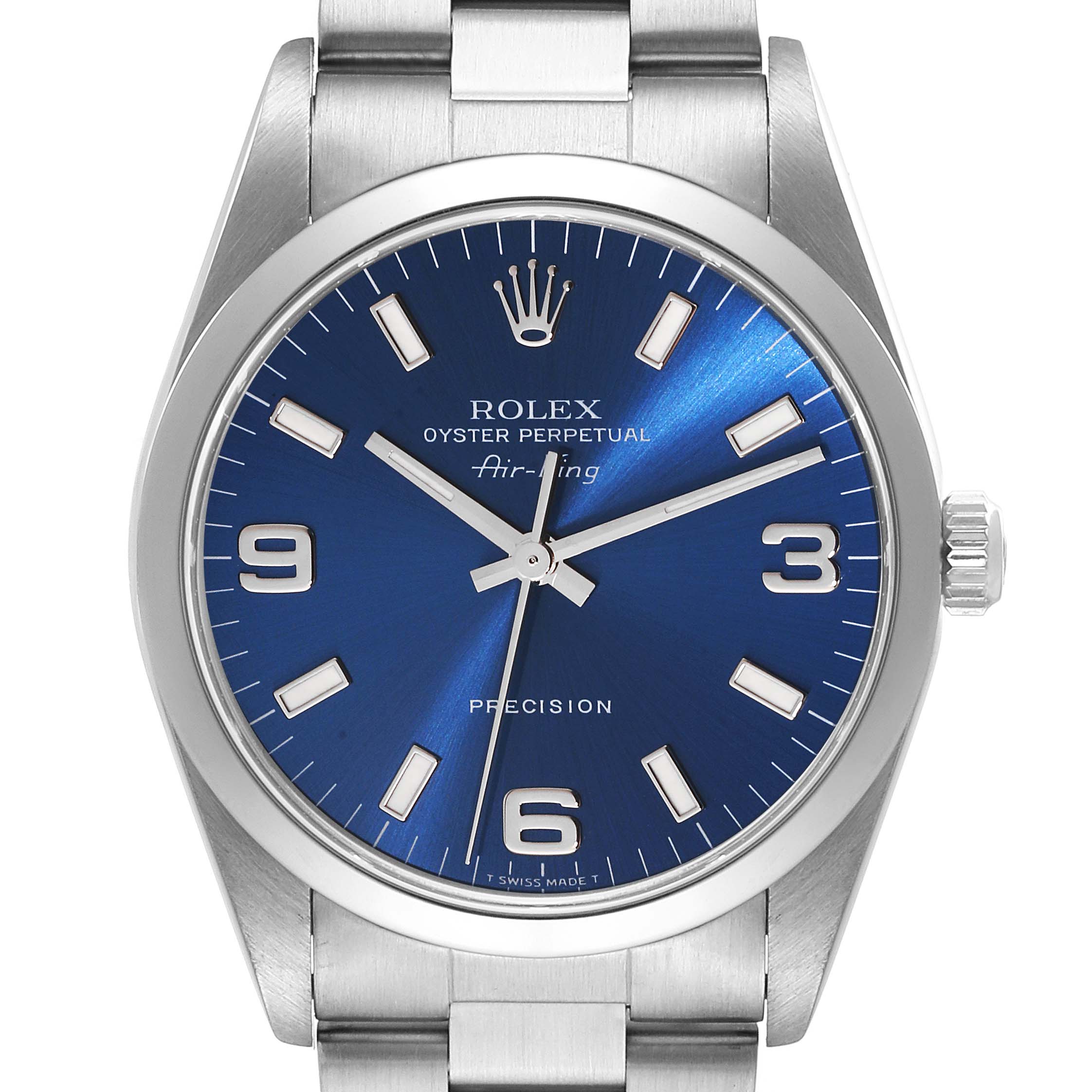 The image shows a frontal view of a Rolex Air-King 14000 Men's Stainless Steel Blue Dial 14000 Men's Stainless Steel Blue Dial watch with a blue dial and a metal bracelet.