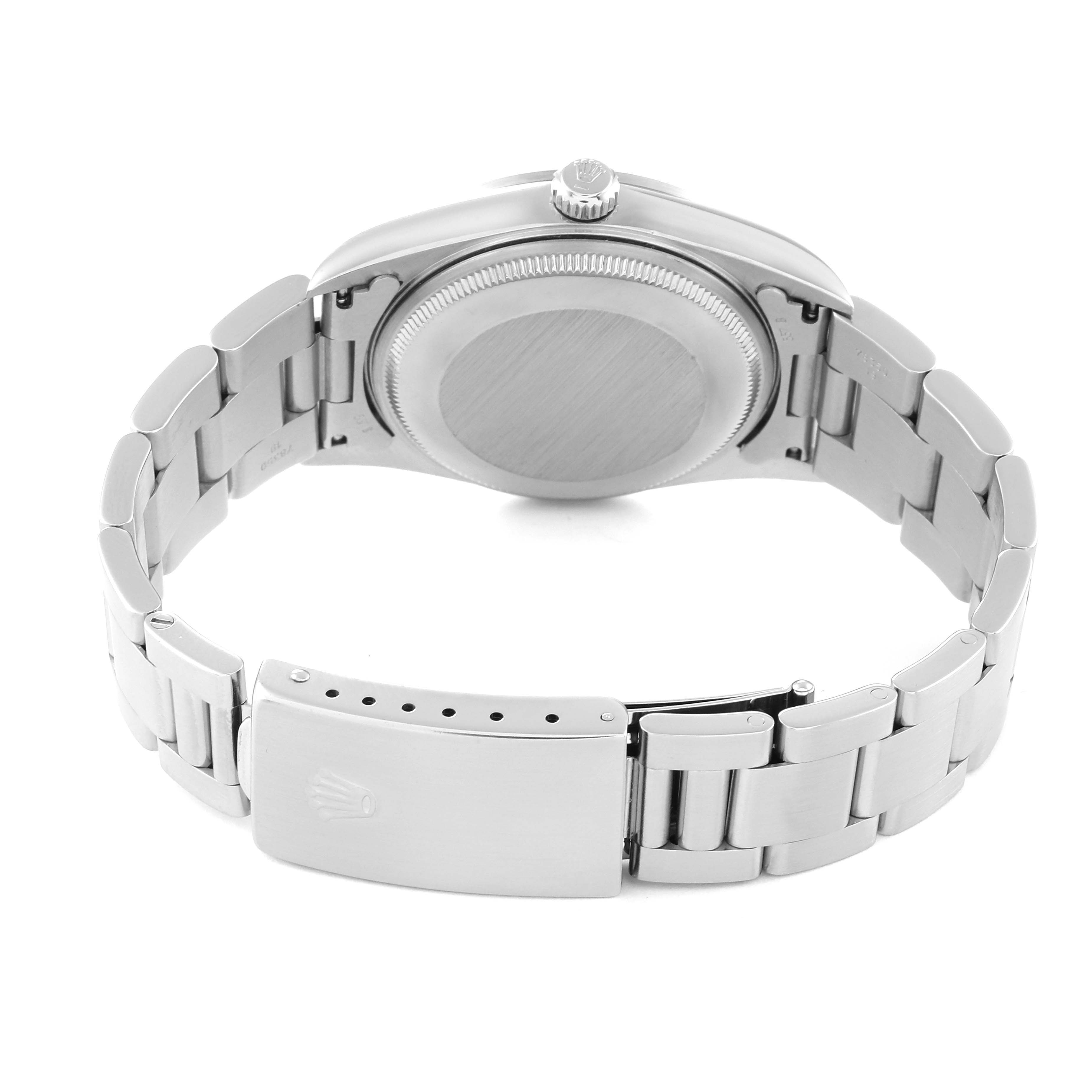 This image shows the Rolex Air-King 14000 Men's Stainless Steel Blue Dial 14000 Men's Stainless Steel Blue Dial watch from the back, highlighting the case back, crown, and clasp.