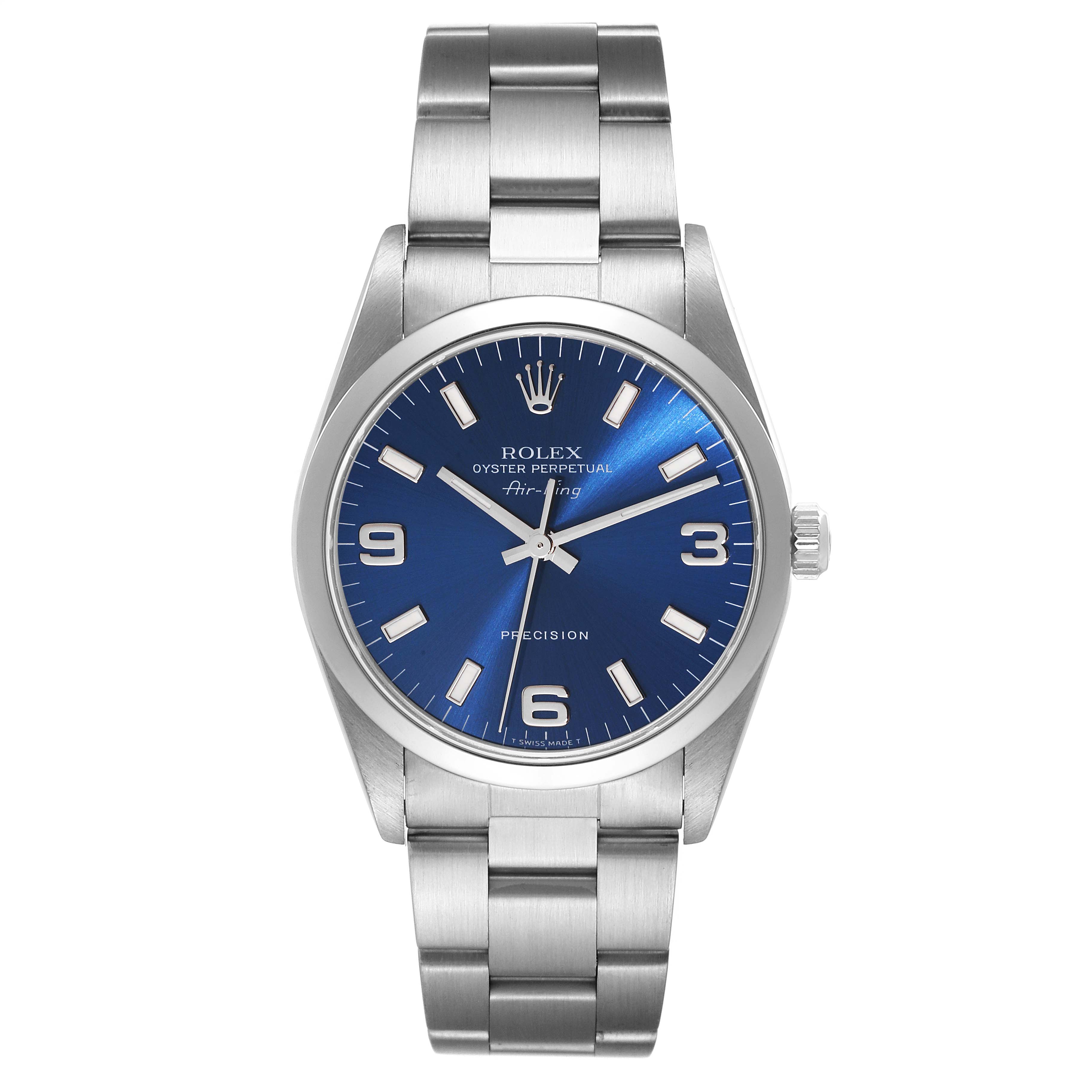 Front view of the Rolex Air-King 14000 Men's Stainless Steel Blue Dial 14000 Men's Stainless Steel Blue Dial watch, showing the face, hands, crown, and metal bracelet.