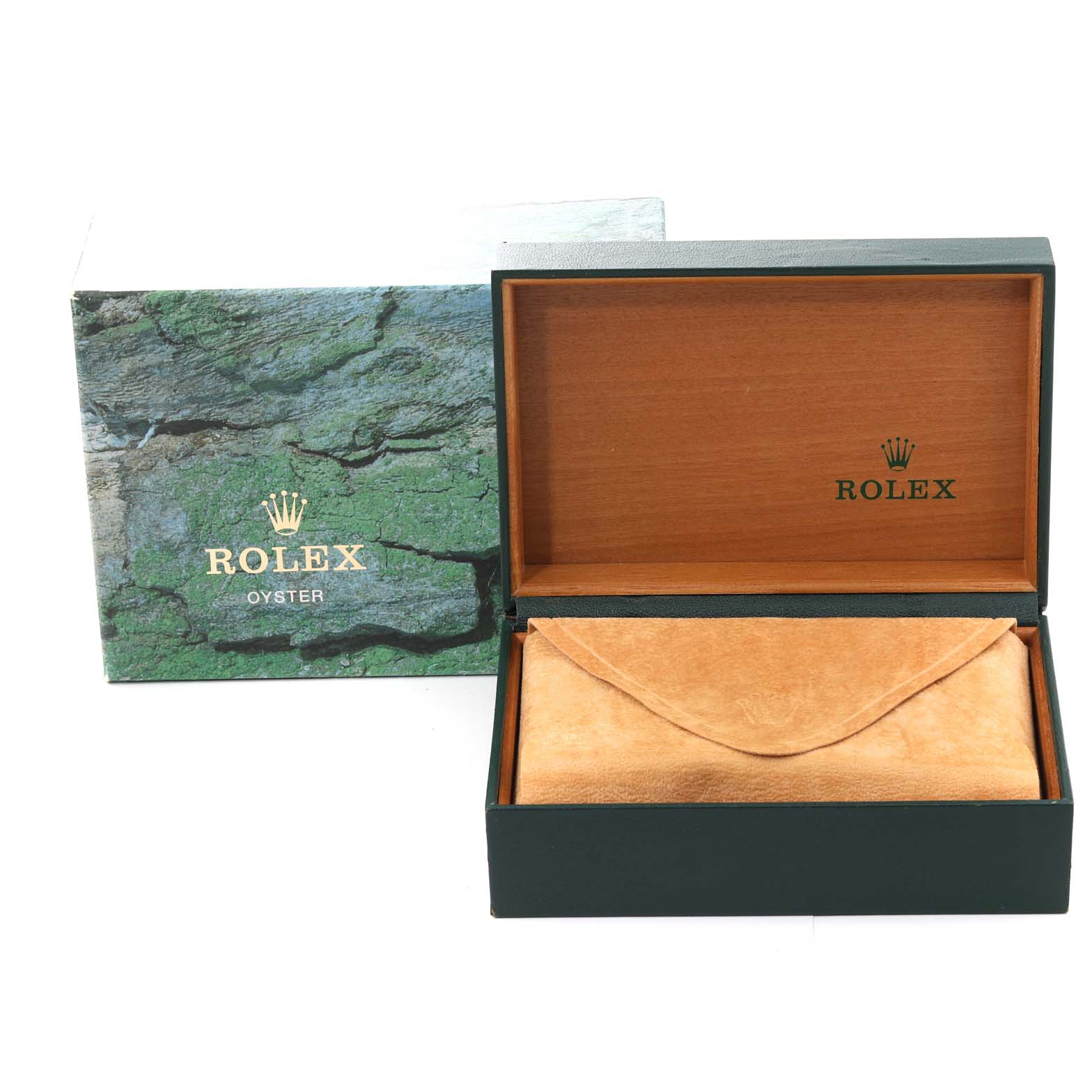 The image shows the packaging and inner box of a Rolex Air-King 14000 Men's Stainless Steel Blue Dial 14000 Men's Stainless Steel Blue Dial, with the outer box on the left and the open inner box on the right.