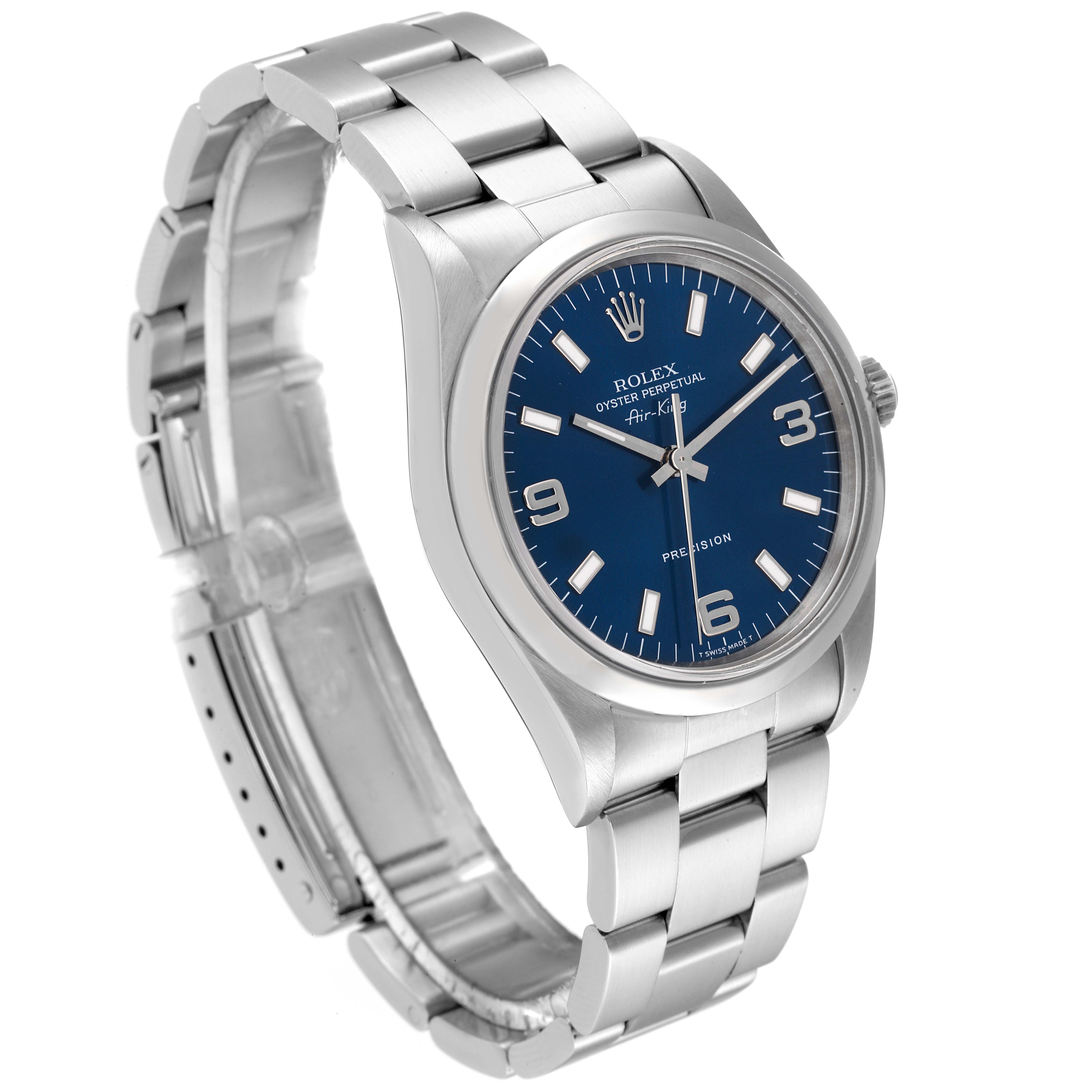 This image shows a Rolex Air-King 14000 Men's Stainless Steel Blue Dial 14000 Men's Stainless Steel Blue Dial watch, angled to display its face, bezel, and bracelet.