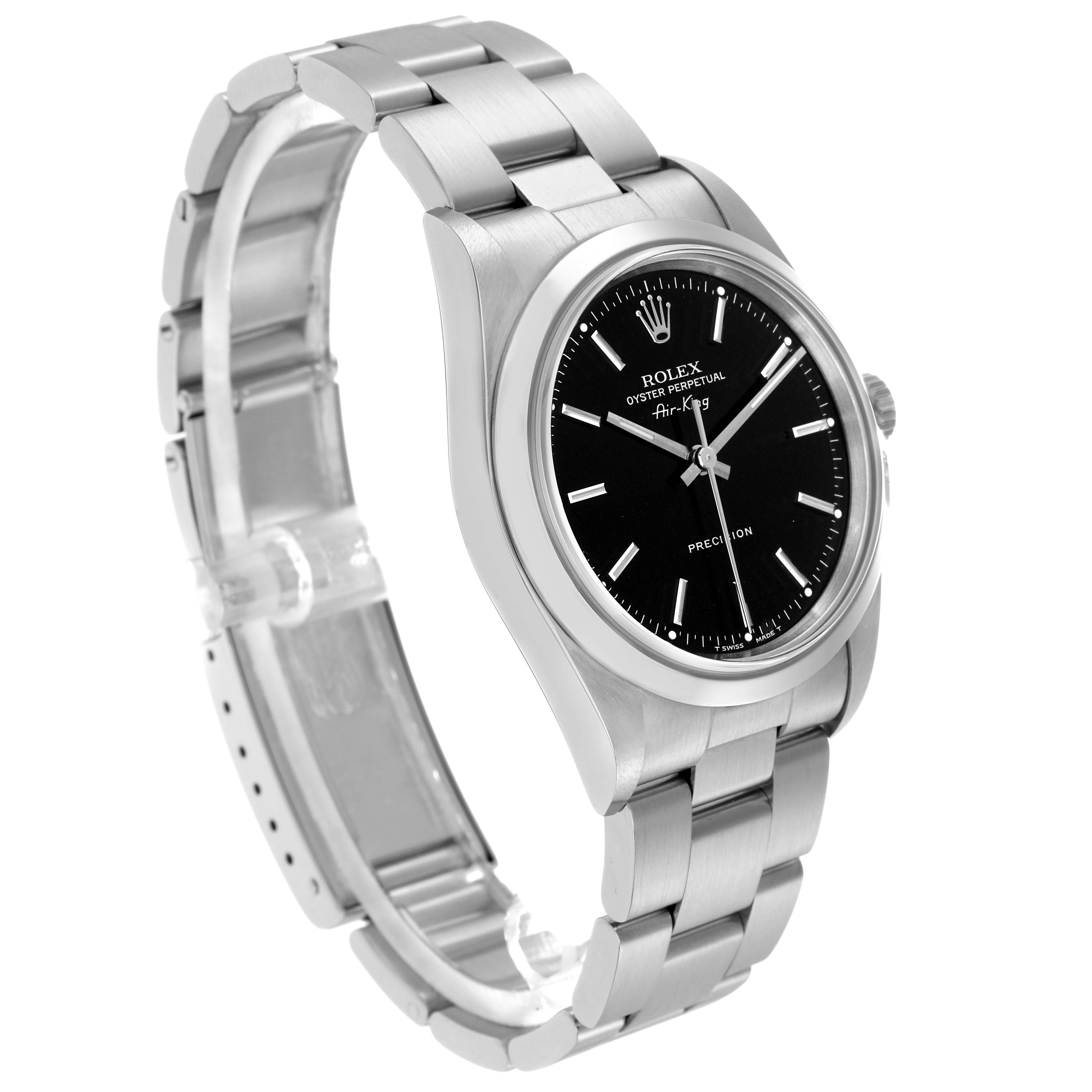 The Rolex Air-King 14000 Men
s Stainless Steel Black Dial 14000 Men
s Stainless Steel Black Dial watch is shown at a 3/4 angle, highlighting the face, bezel, and bracelet.