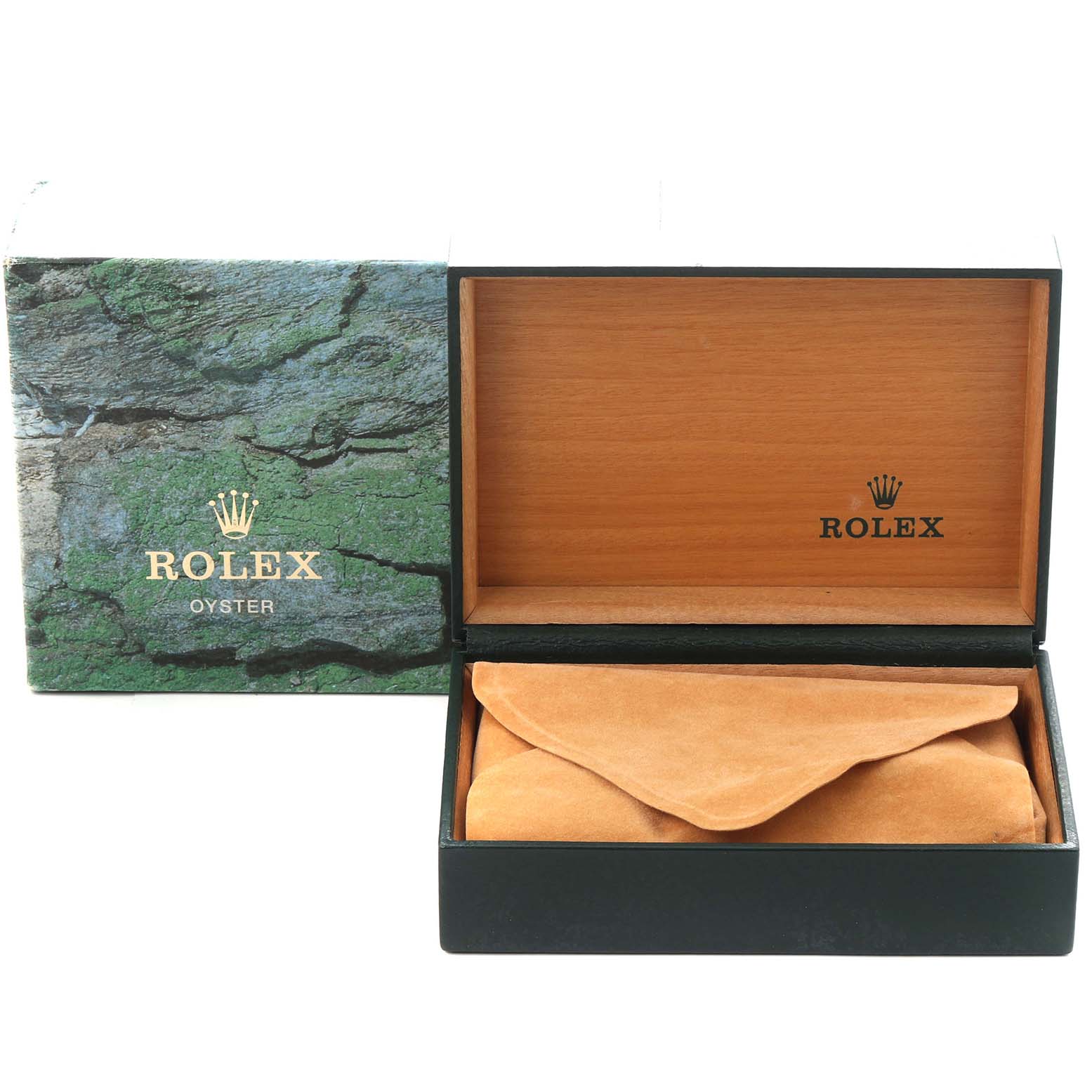 The image shows the Rolex Air-King 14000 Men
s Stainless Steel Black Dial 14000 Men
s Stainless Steel Black Dial watch box, including an open wooden interior and a protective pouch inside.
