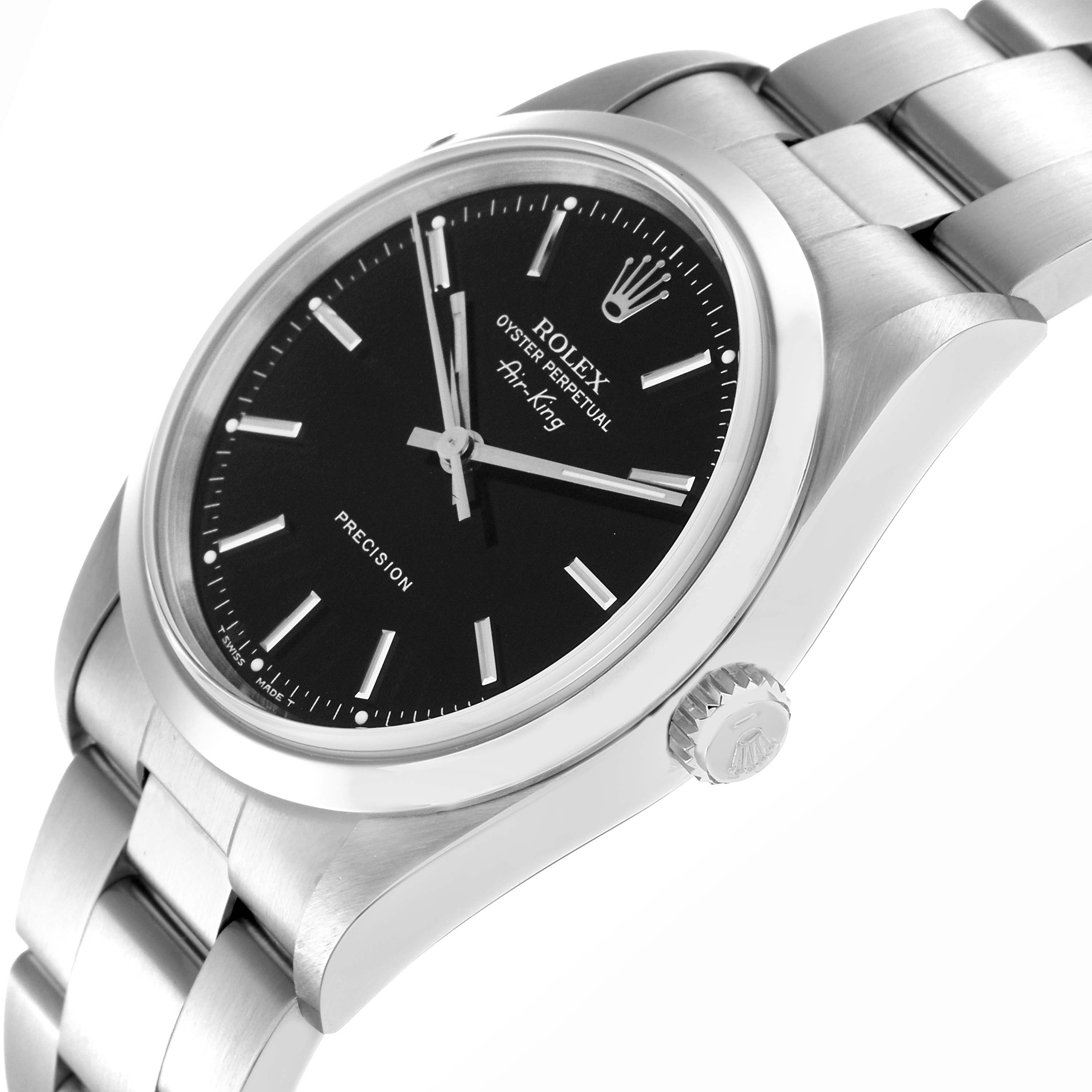 The Rolex Air-King 14000 Men
s Stainless Steel Black Dial 14000 Men
s Stainless Steel Black Dial watch is shown at an angled side view, highlighting the dial, crown, and part of the bracelet.
