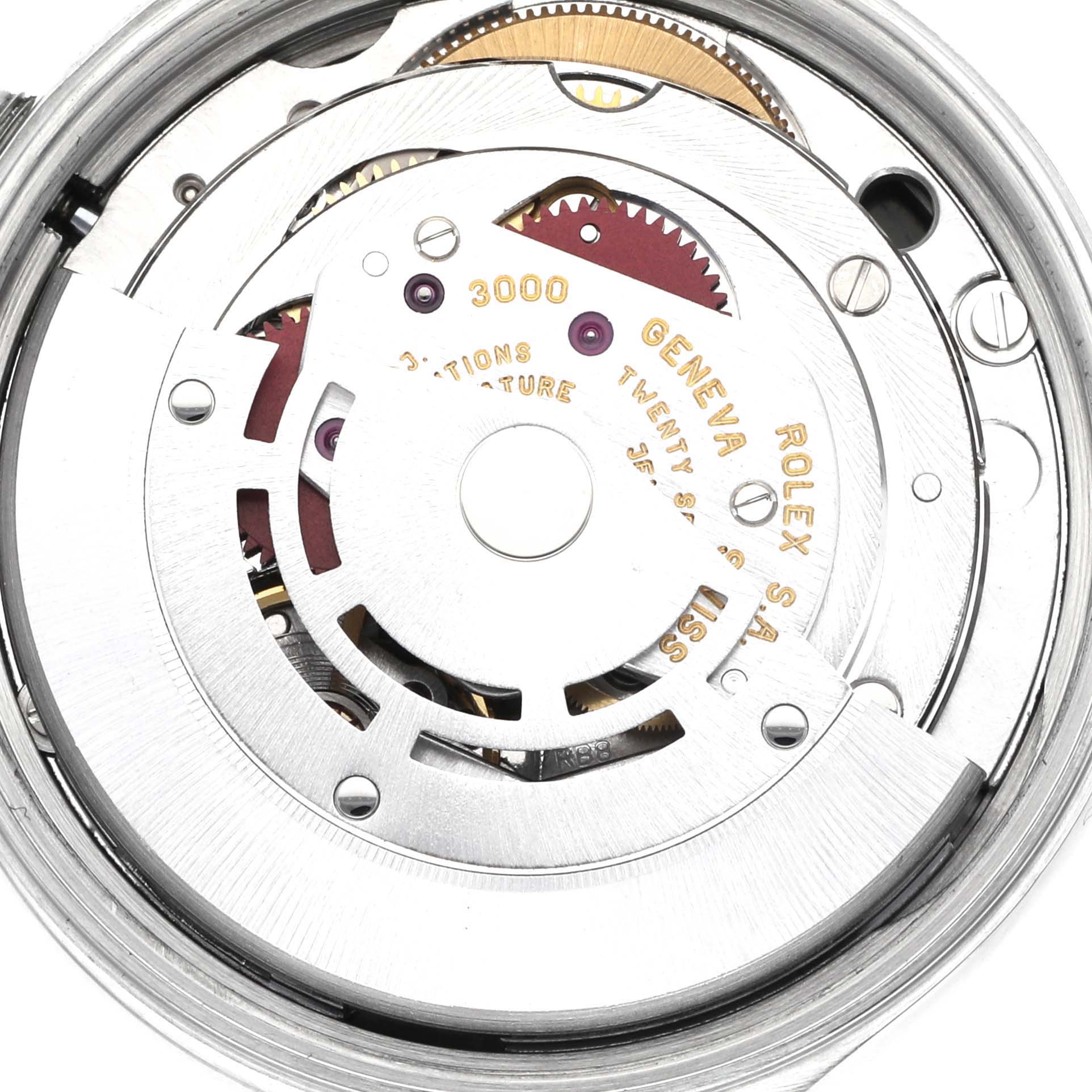 The image shows the internal mechanism of a Rolex Air-King 14000 Men
s Stainless Steel Black Dial 14000 Men
s Stainless Steel Black Dial, highlighting gears and inscriptions from a top-down angle.