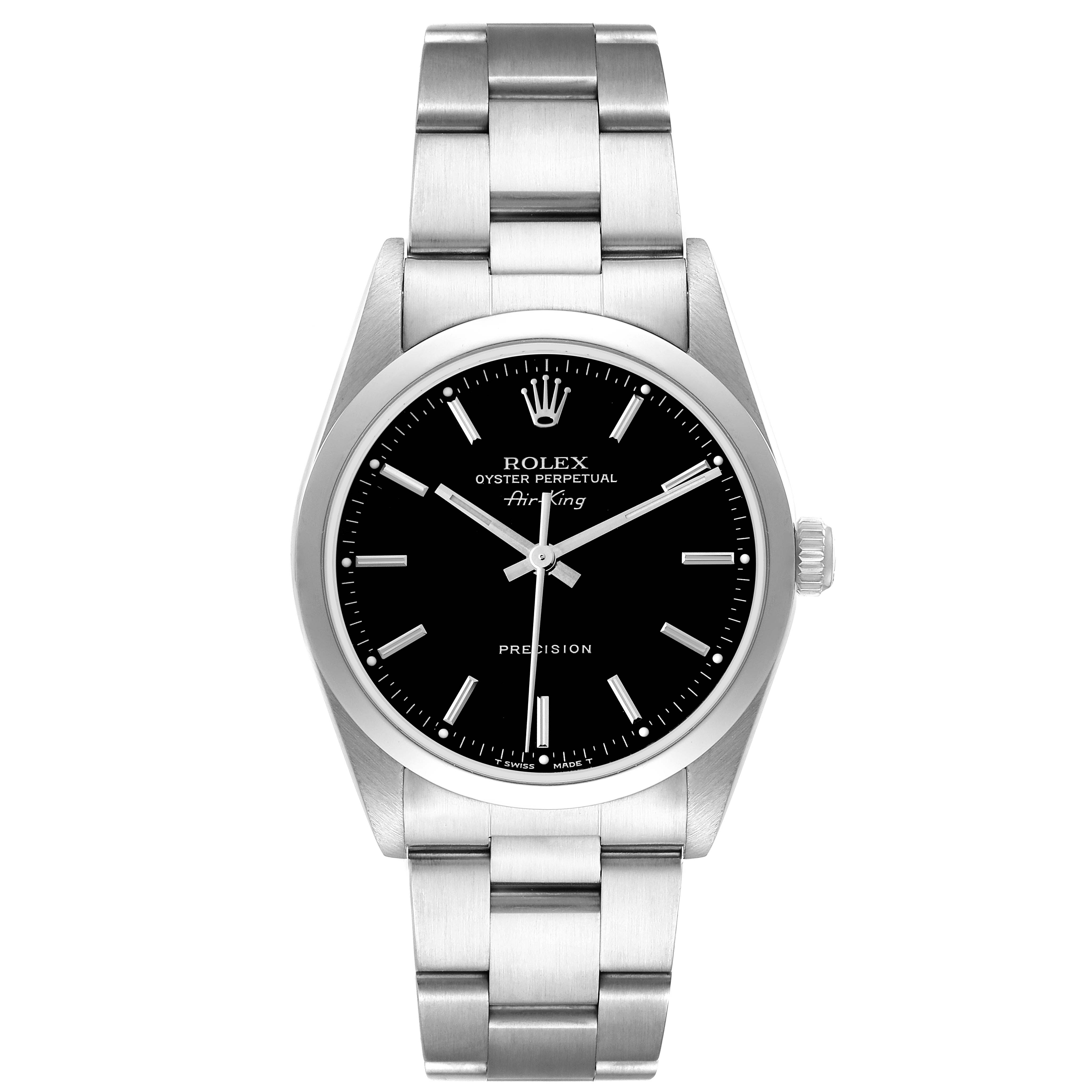 The Rolex Air-King 14000 Men
s Stainless Steel Black Dial 14000 Men
s Stainless Steel Black Dial watch is shown from a front angle, displaying the dial, case, and bracelet.