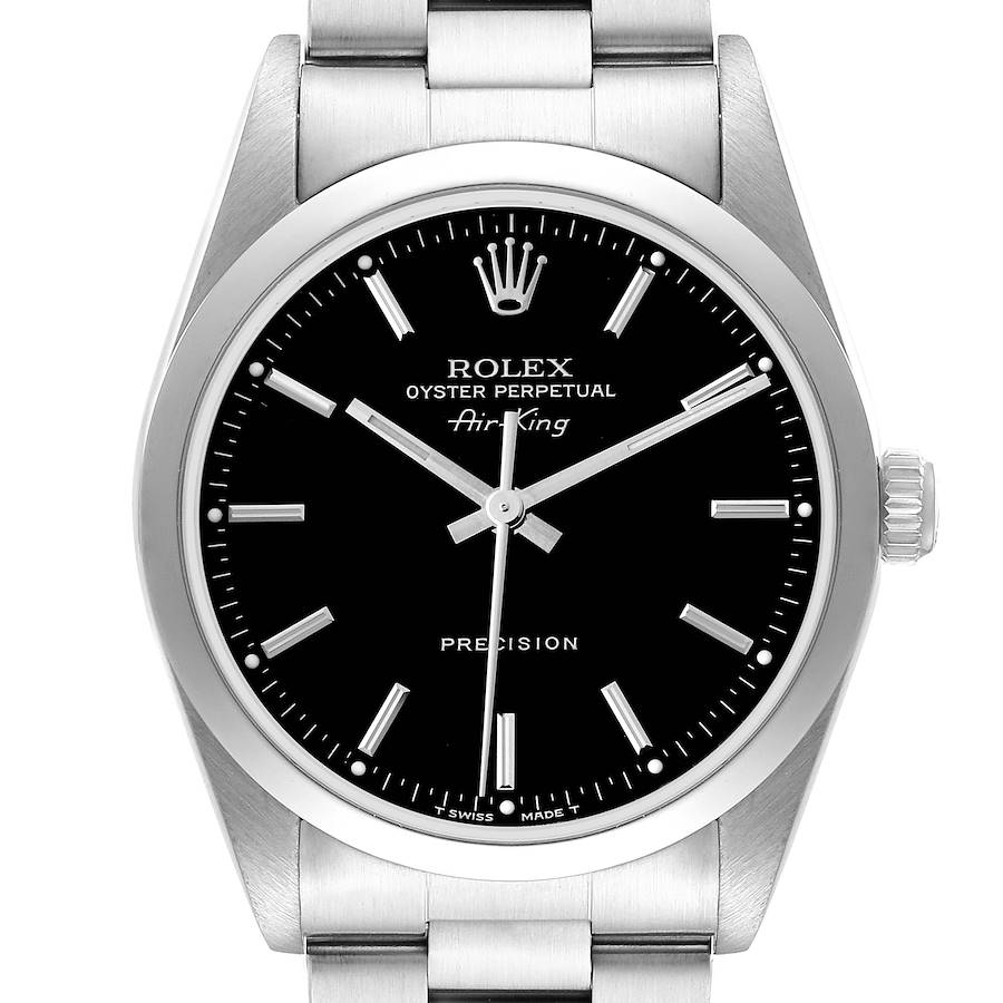 The Rolex Air-King watch is shown from the front, highlighting the black dial, hour markers, and part of the metal bracelet.
