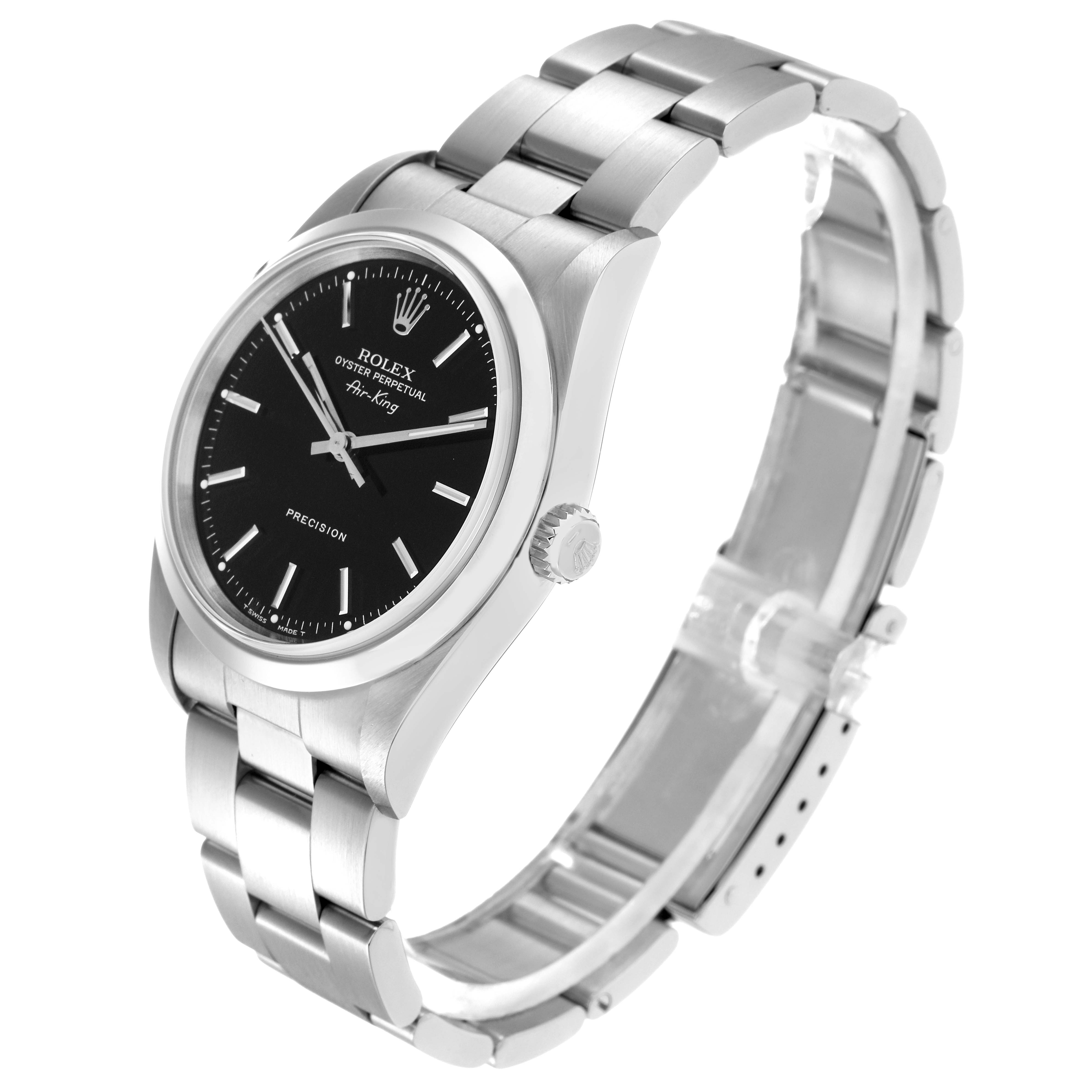 The Rolex Air-King 14000 Men
s Stainless Steel Black Dial 14000 Men
s Stainless Steel Black Dial watch is shown at a three-quarter angle, highlighting the black dial, case, and stainless steel bracelet.