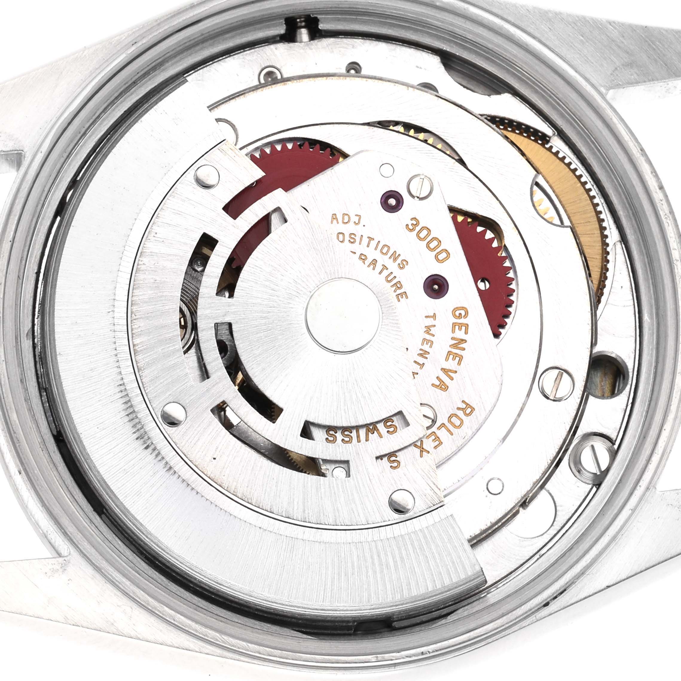 The image shows the internal movement of a Rolex Air-King 14000 Men
s Stainless Steel Blue Dial 14000 Men
s Stainless Steel Blue Dial watch from a top-down angle.