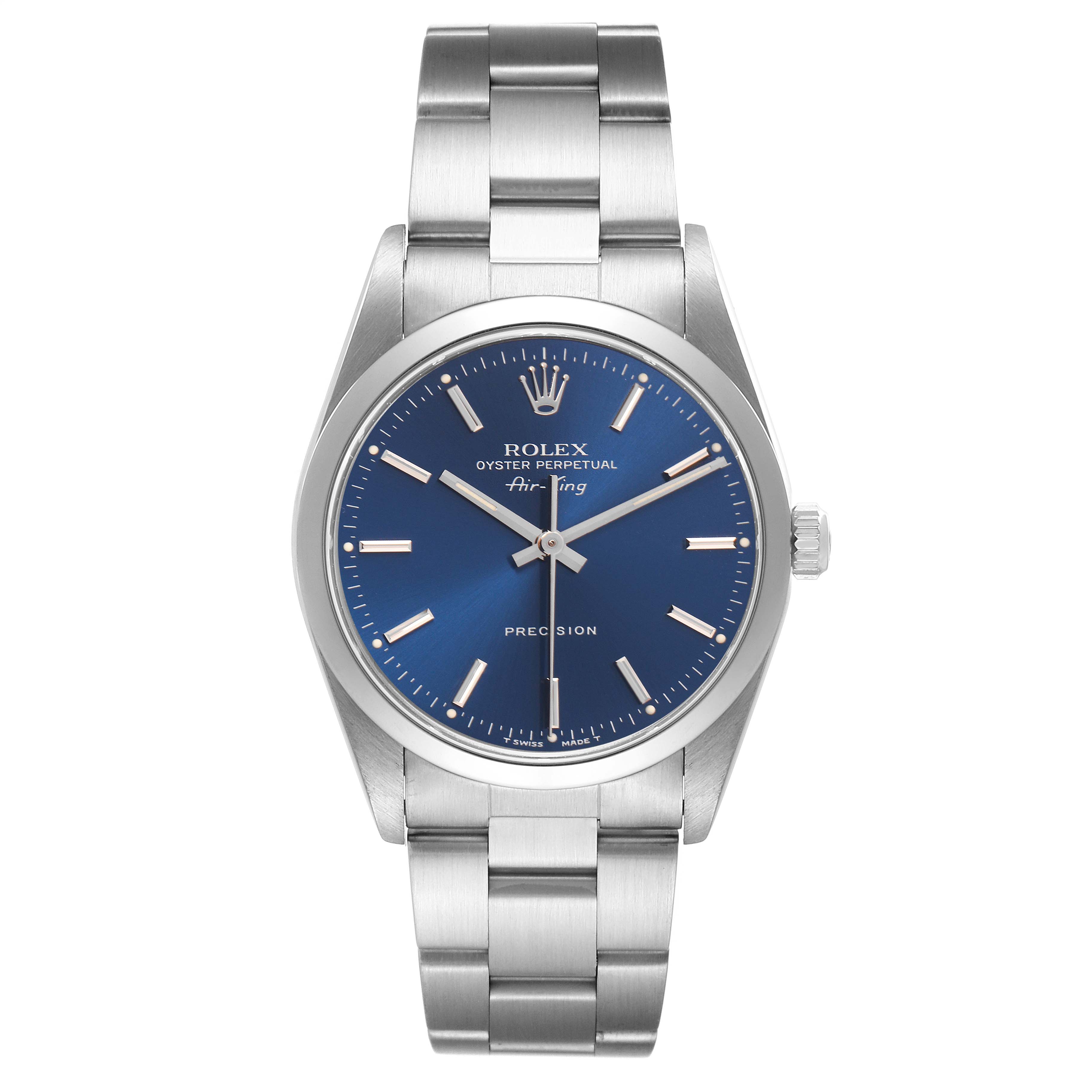 The Rolex Air-King 14000 Men
s Stainless Steel Blue Dial 14000 Men
s Stainless Steel Blue Dial watch is shown from a front angle, highlighting the blue dial, silver bezel, and bracelet.