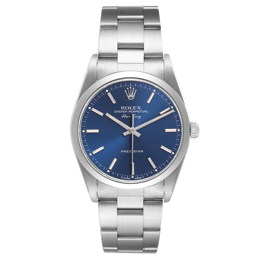 The Rolex Air-King watch is shown from a front angle, highlighting the blue dial, silver bezel, and bracelet.