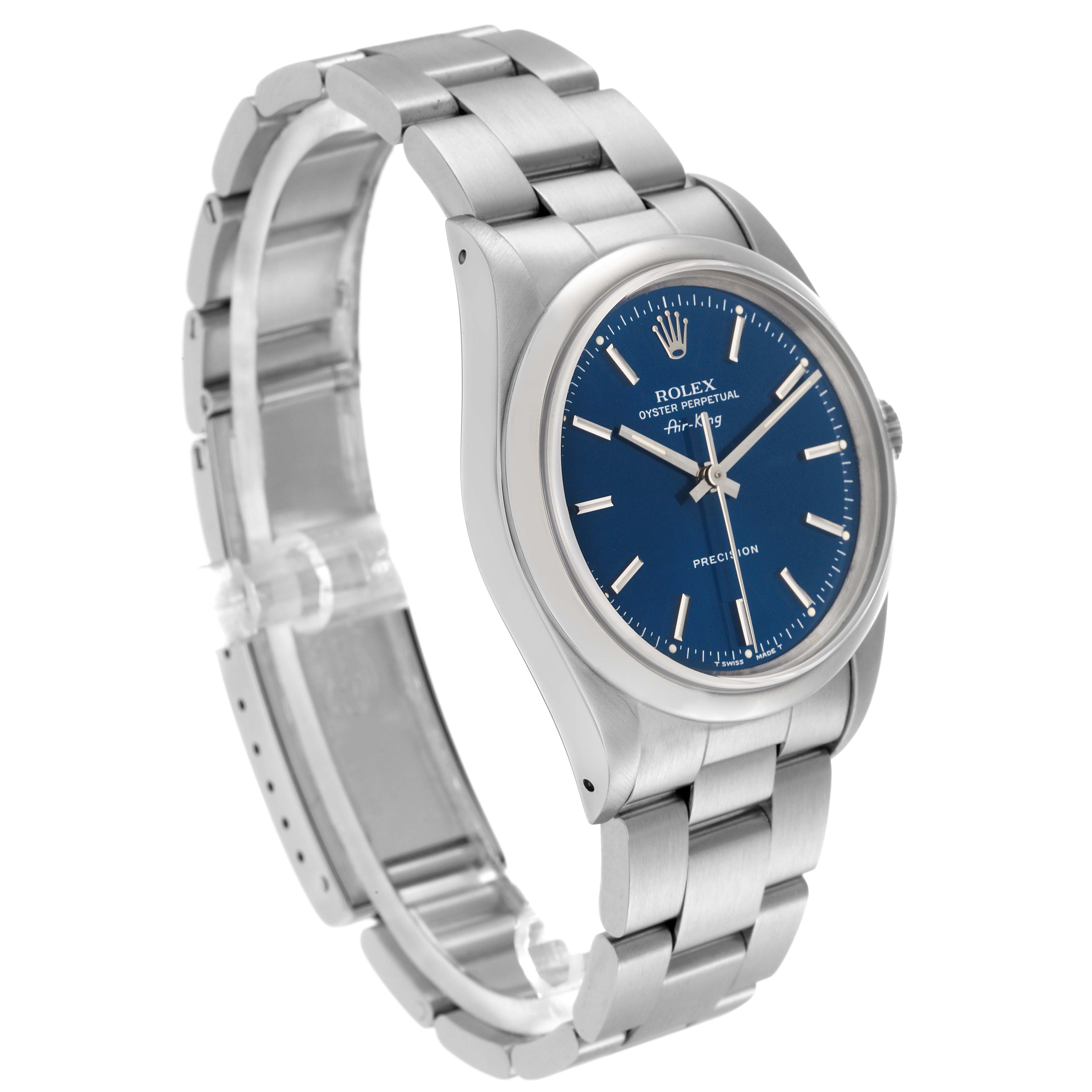 The Rolex Air-King 14000 Men
s Stainless Steel Blue Dial 14000 Men
s Stainless Steel Blue Dial watch is shown at a three-quarter angle, displaying the dial, bezel, crown, and bracelet links.
