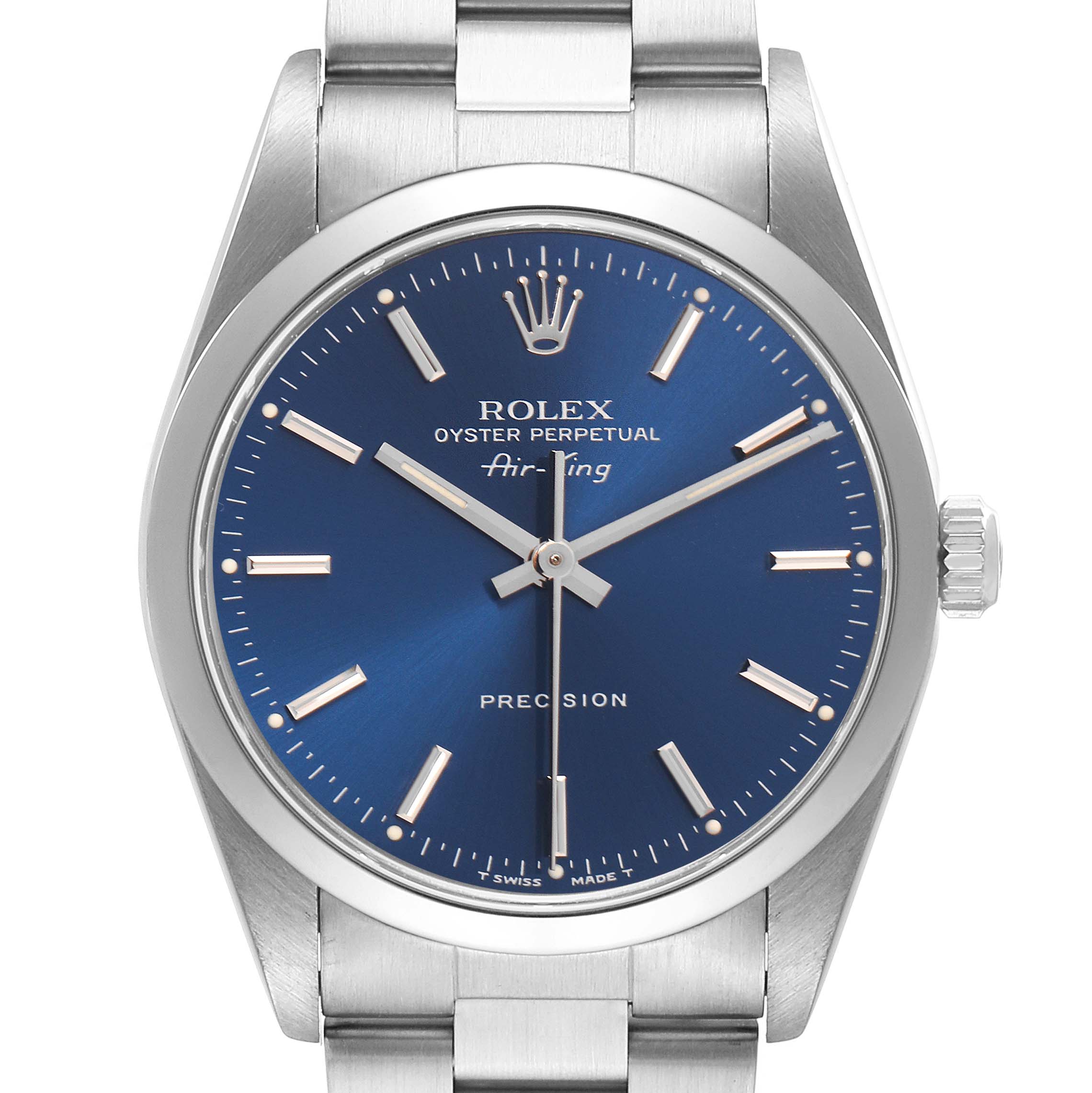 The Rolex Air-King 14000 Men
s Stainless Steel Blue Dial 14000 Men
s Stainless Steel Blue Dial watch is shown from the front, displaying the dial, crown, and part of the bracelet.