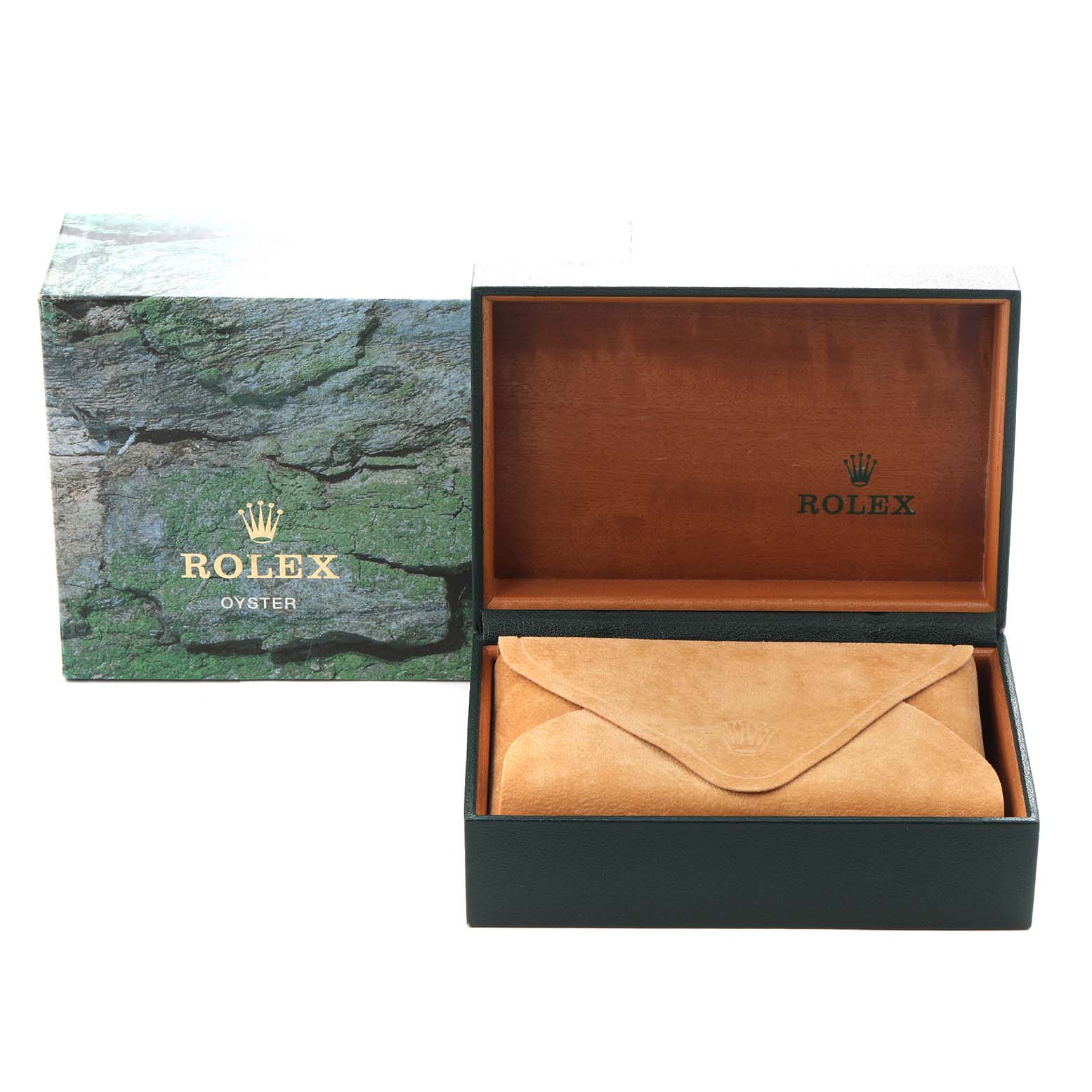 The image shows the box and pouch for a Rolex Air-King 14000 Men
s Stainless Steel Blue Dial 14000 Men
s Stainless Steel Blue Dial watch, viewed from the front.