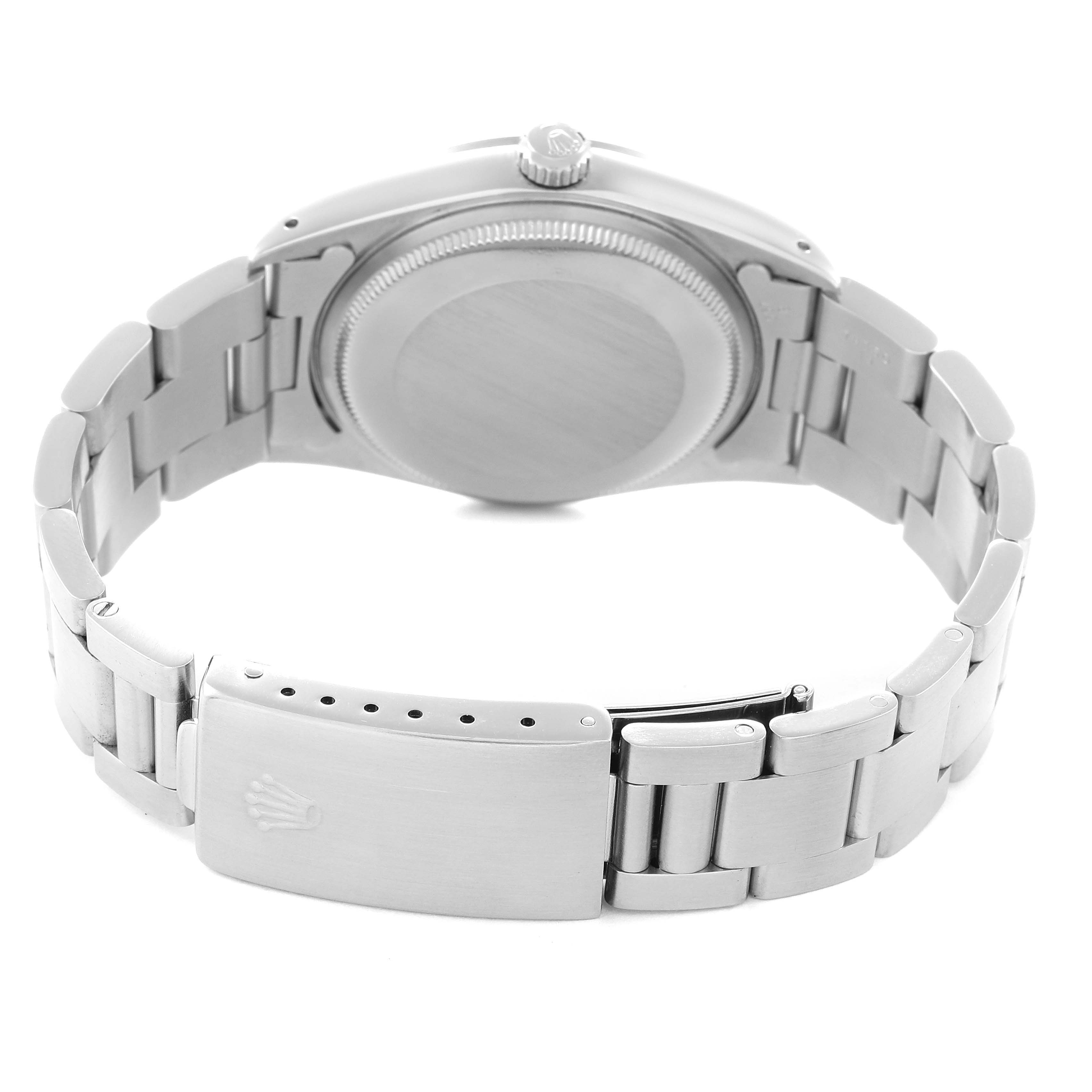 The image shows the back of a Rolex Air-King 14000 Men
s Stainless Steel Blue Dial 14000 Men
s Stainless Steel Blue Dial watch, highlighting the closed clasp and bracelet from a rear angle.