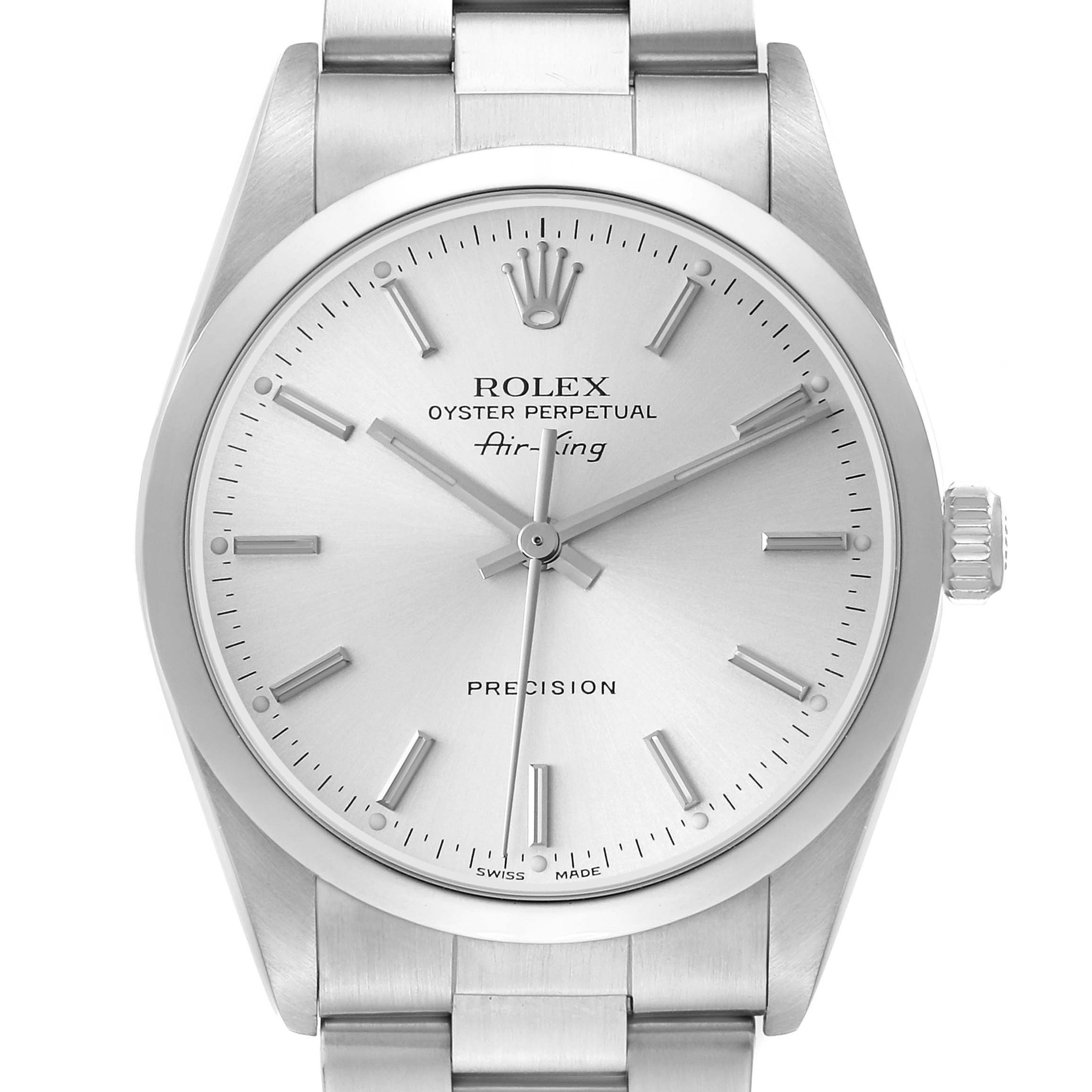 The image shows a front view of a Rolex Air-King 14000 Men
s Stainless Steel Silver Dial 14000 Men
s Stainless Steel Silver Dial watch, displaying the dial, markers, hands, crown, and part of the bracelet.