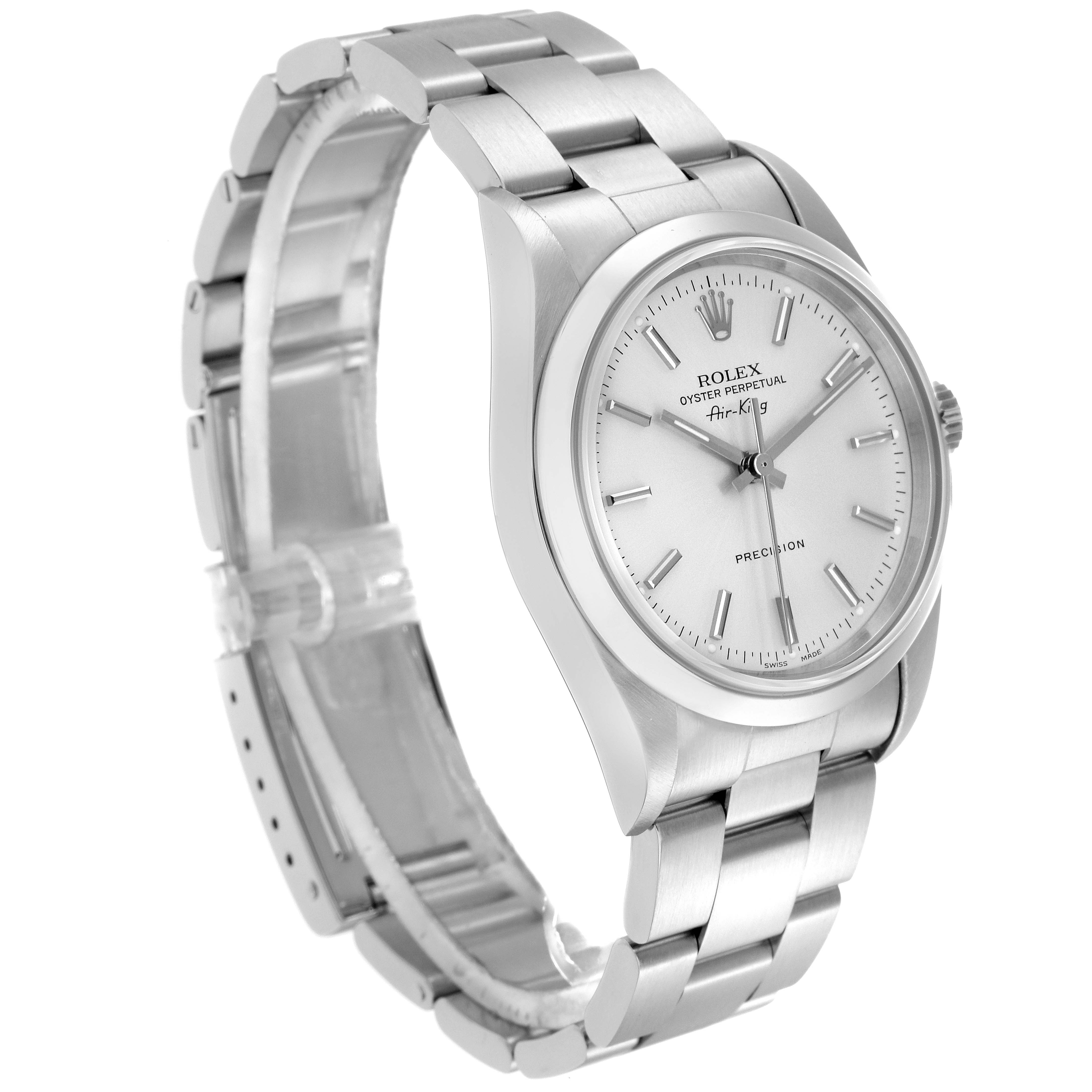 The Rolex Air-King 14000 Men
s Stainless Steel Silver Dial 14000 Men
s Stainless Steel Silver Dial watch is displayed from a three-quarter angle, showing the face, bezel, and bracelet.