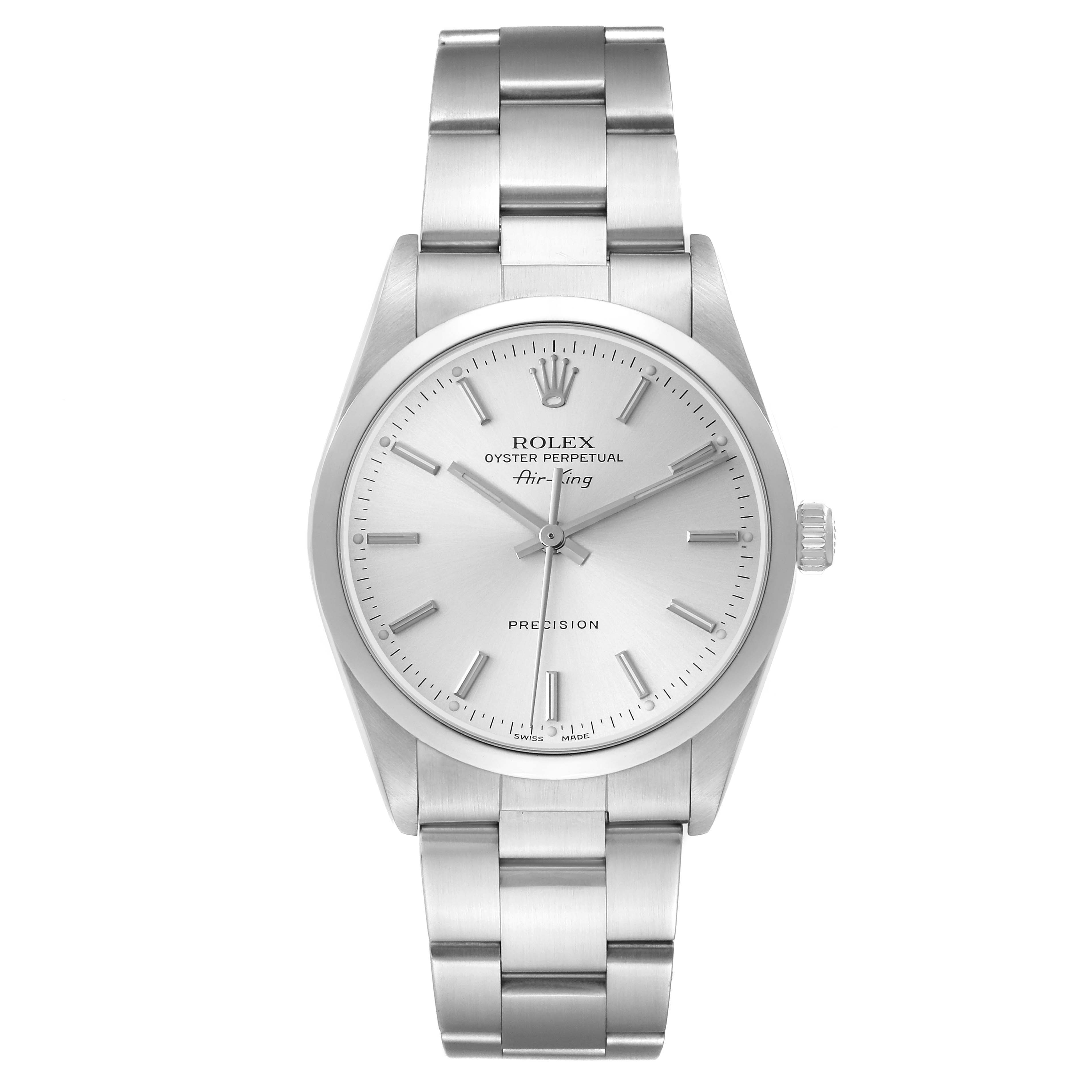 The Rolex Air-King 14000 Men
s Stainless Steel Silver Dial 14000 Men
s Stainless Steel Silver Dial watch is shown from the front, displaying the dial, bezel, and stainless steel bracelet.