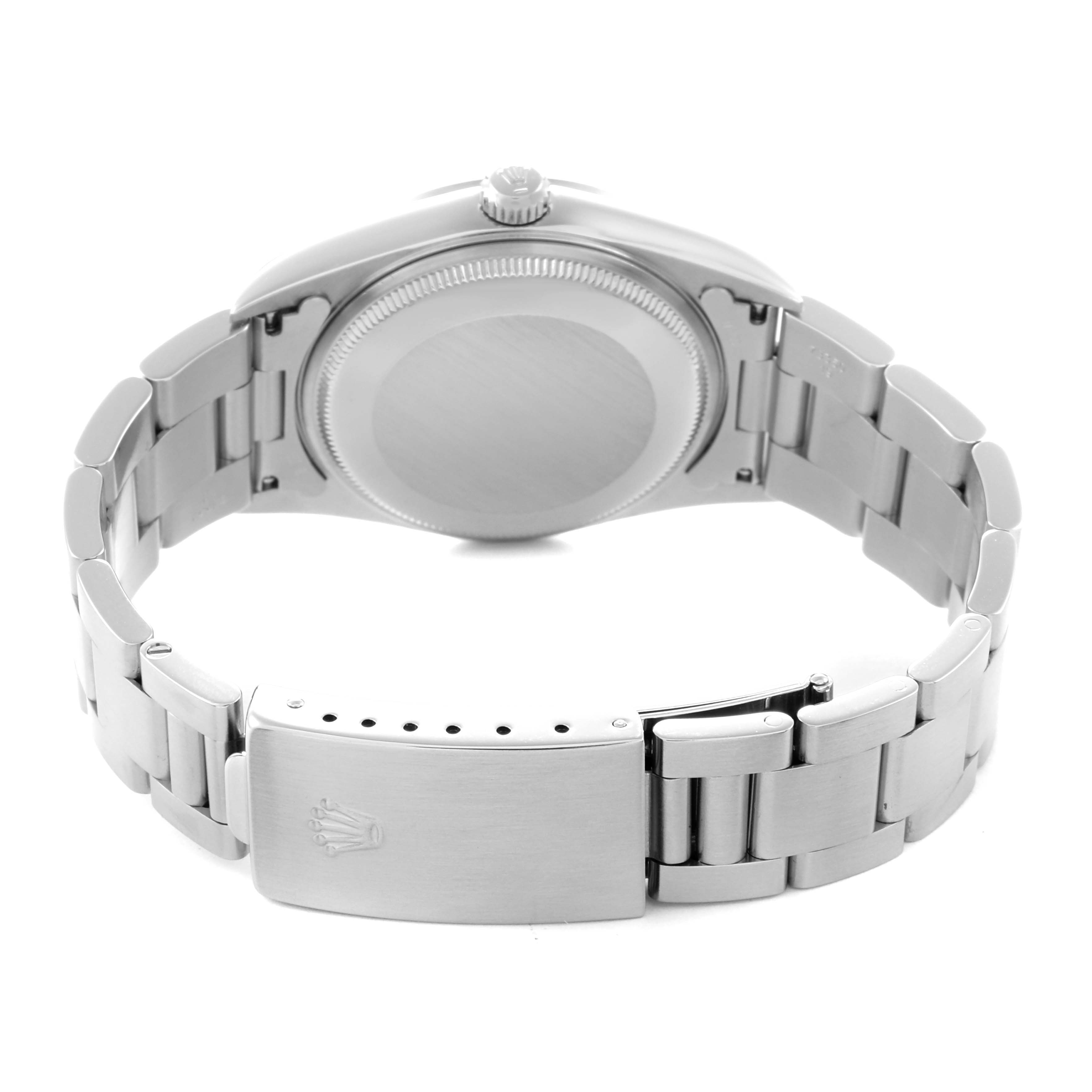 The image shows the back view of the Rolex Air-King 14000 Men
s Stainless Steel Silver Dial 14000 Men
s Stainless Steel Silver Dial, highlighting the case back, bracelet, and clasp.