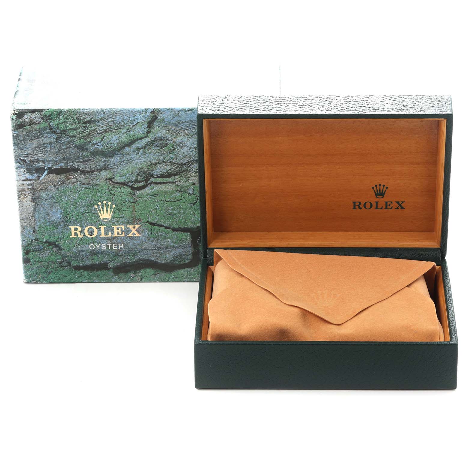 The image shows an open Rolex Air-King 14000 Men
s Stainless Steel Silver Dial 14000 Men
s Stainless Steel Silver Dial box with a pouch inside, alongside an outer box featuring the Rolex logo.