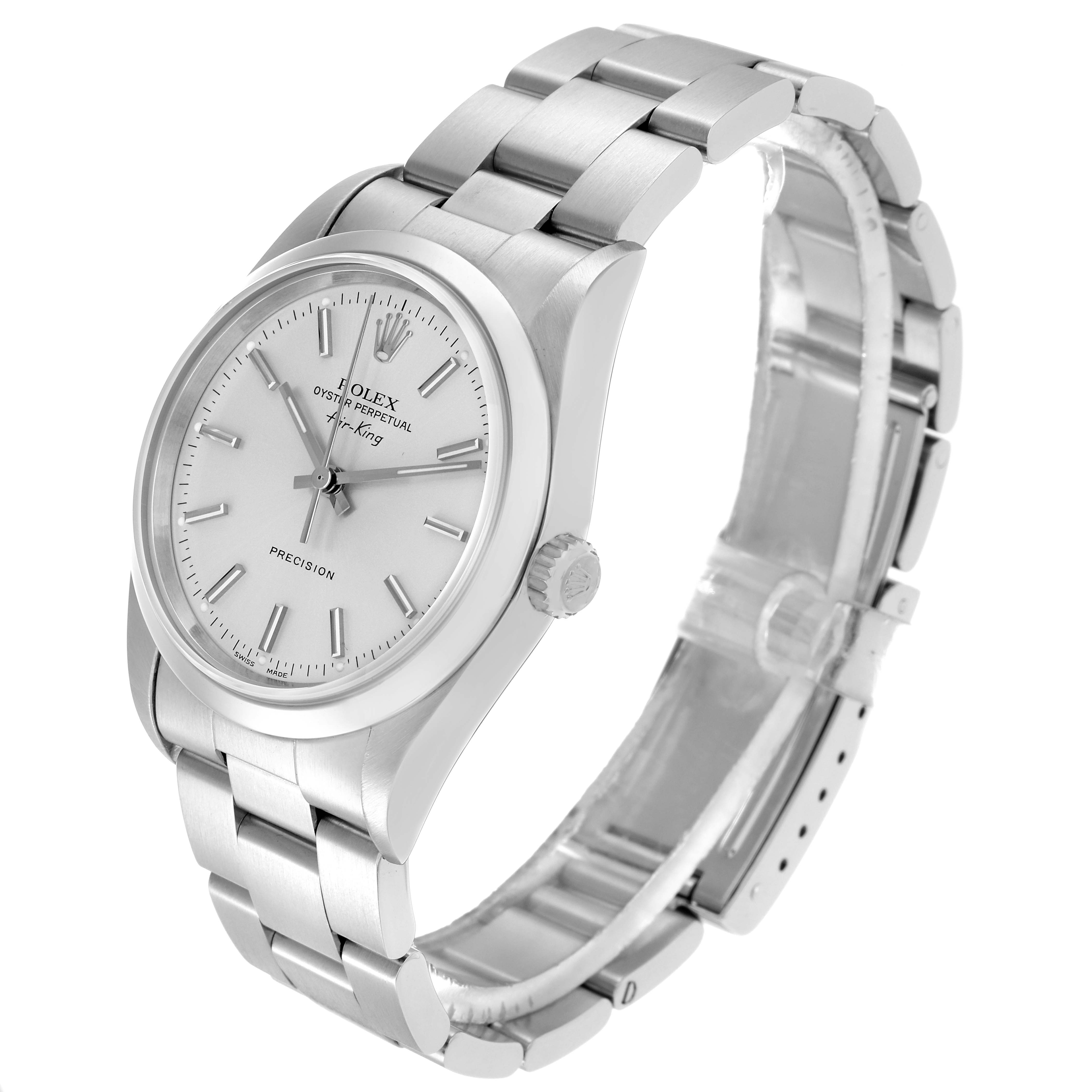 The Rolex Air-King 14000 Men
s Stainless Steel Silver Dial 14000 Men
s Stainless Steel Silver Dial watch is shown at a three-quarter angle, displaying the face, bezel, bracelet, and crown.
