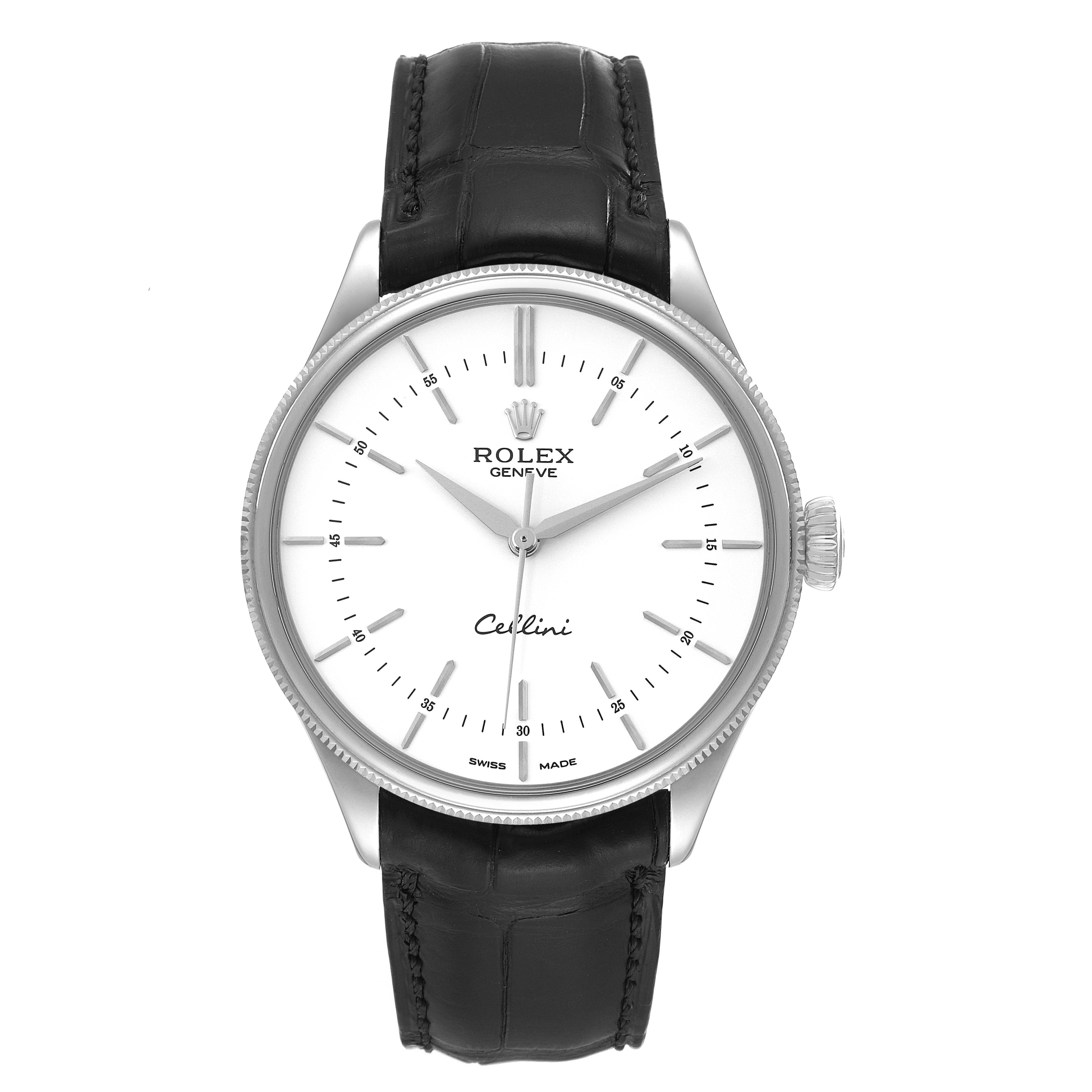 The image shows a front view of the Rolex Cellini 50509 Men's White Gold White Dial 50509 Men's White Gold White Dial watch, featuring a white dial, silver indices, and a black leather strap.