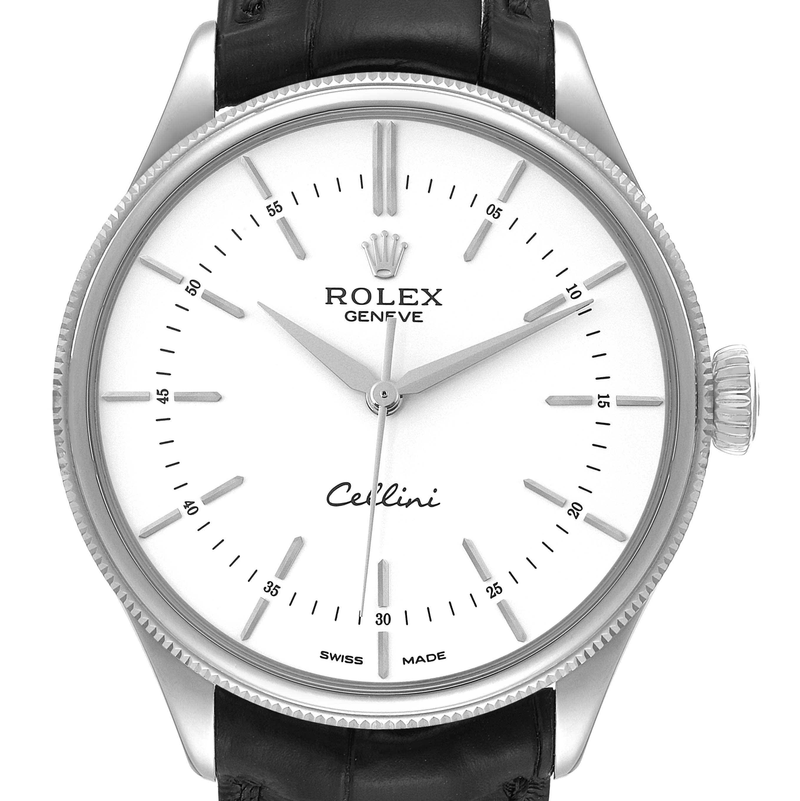 This image shows a front view of a Rolex Cellini 50509 Men's White Gold White Dial 50509 Men's White Gold White Dial watch, highlighting the dial, hour markers, hands, and crown.