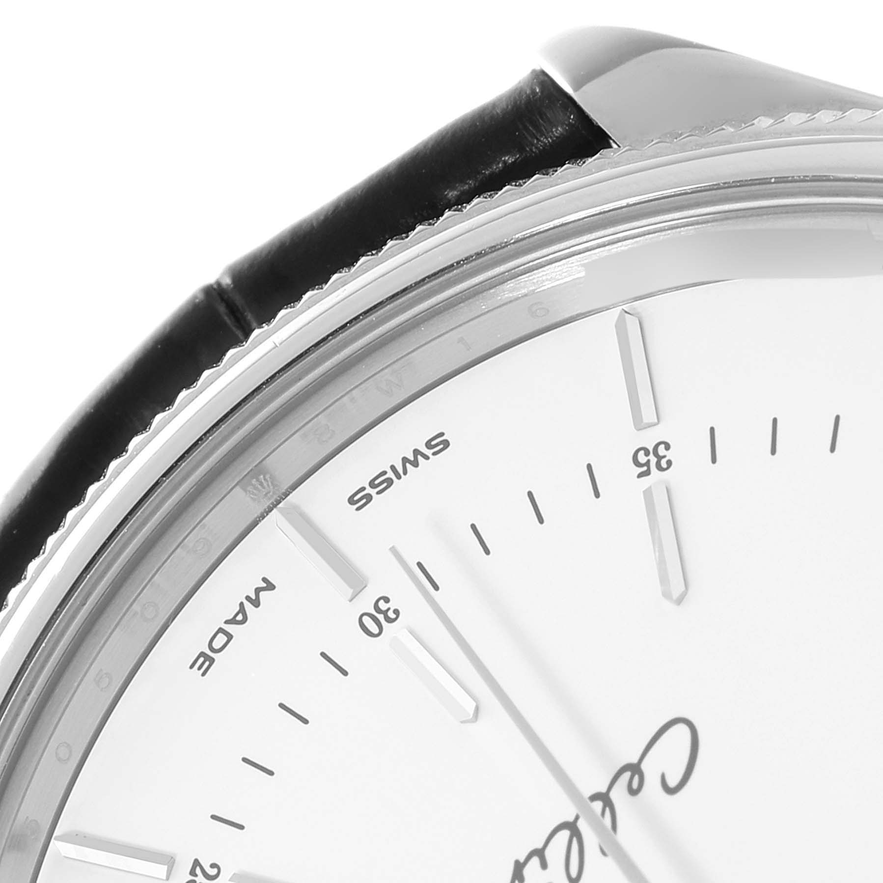 This image shows a close-up angle of the Rolex Cellini 50509 Men's White Gold White Dial 50509 Men's White Gold White Dial watch, highlighting the bezel, dial, and part of the leather strap.