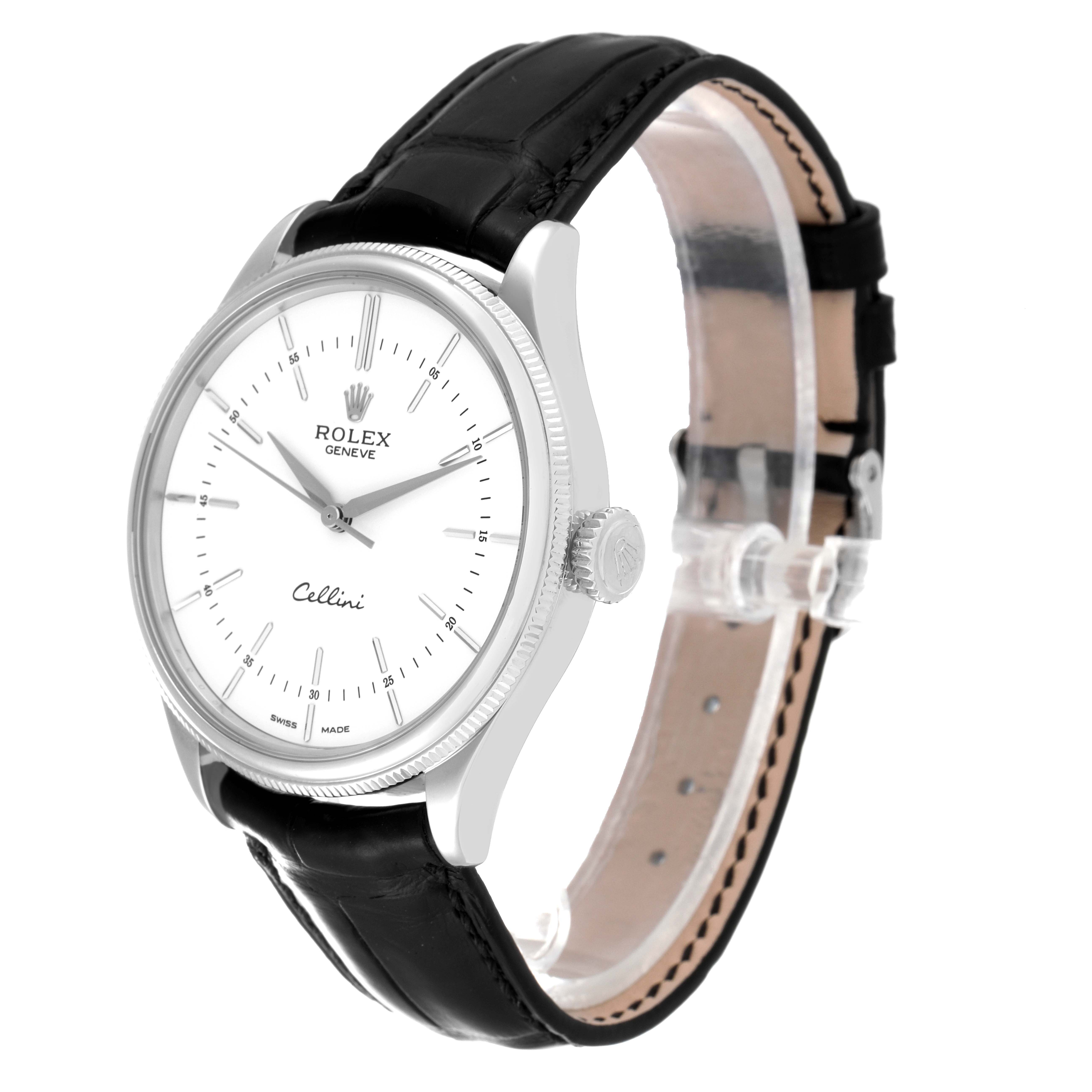 The image shows a side angle view of the Rolex Cellini 50509 Men's White Gold White Dial 50509 Men's White Gold White Dial watch, featuring the dial, bezel, and leather strap.
