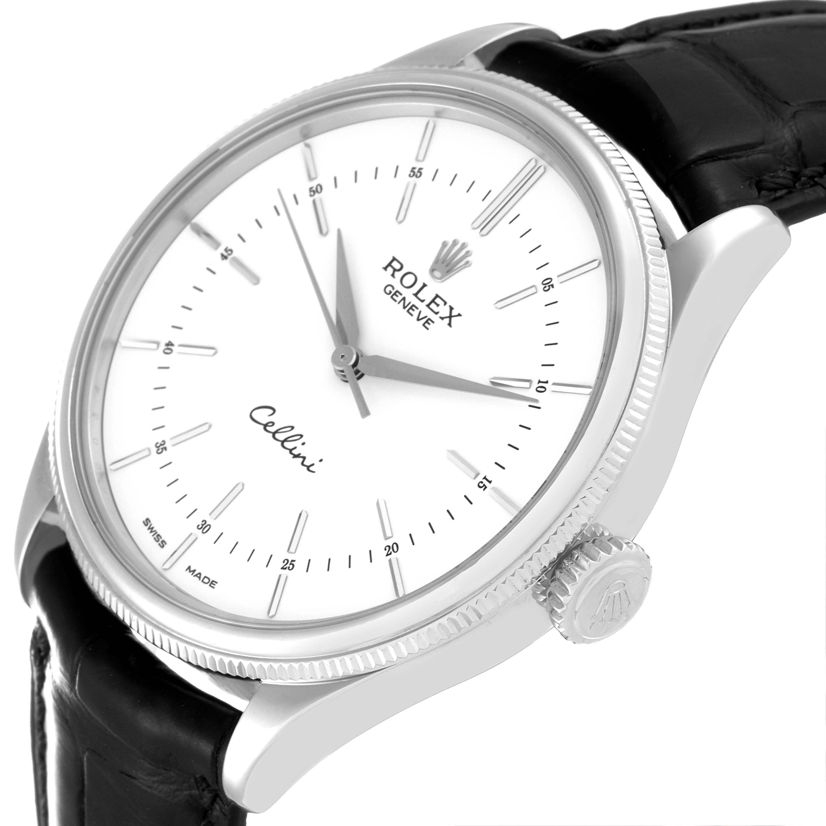 The image shows a side angle of a Rolex Cellini 50509 Men's White Gold White Dial 50509 Men's White Gold White Dial watch, highlighting its dial, crown, and leather strap.