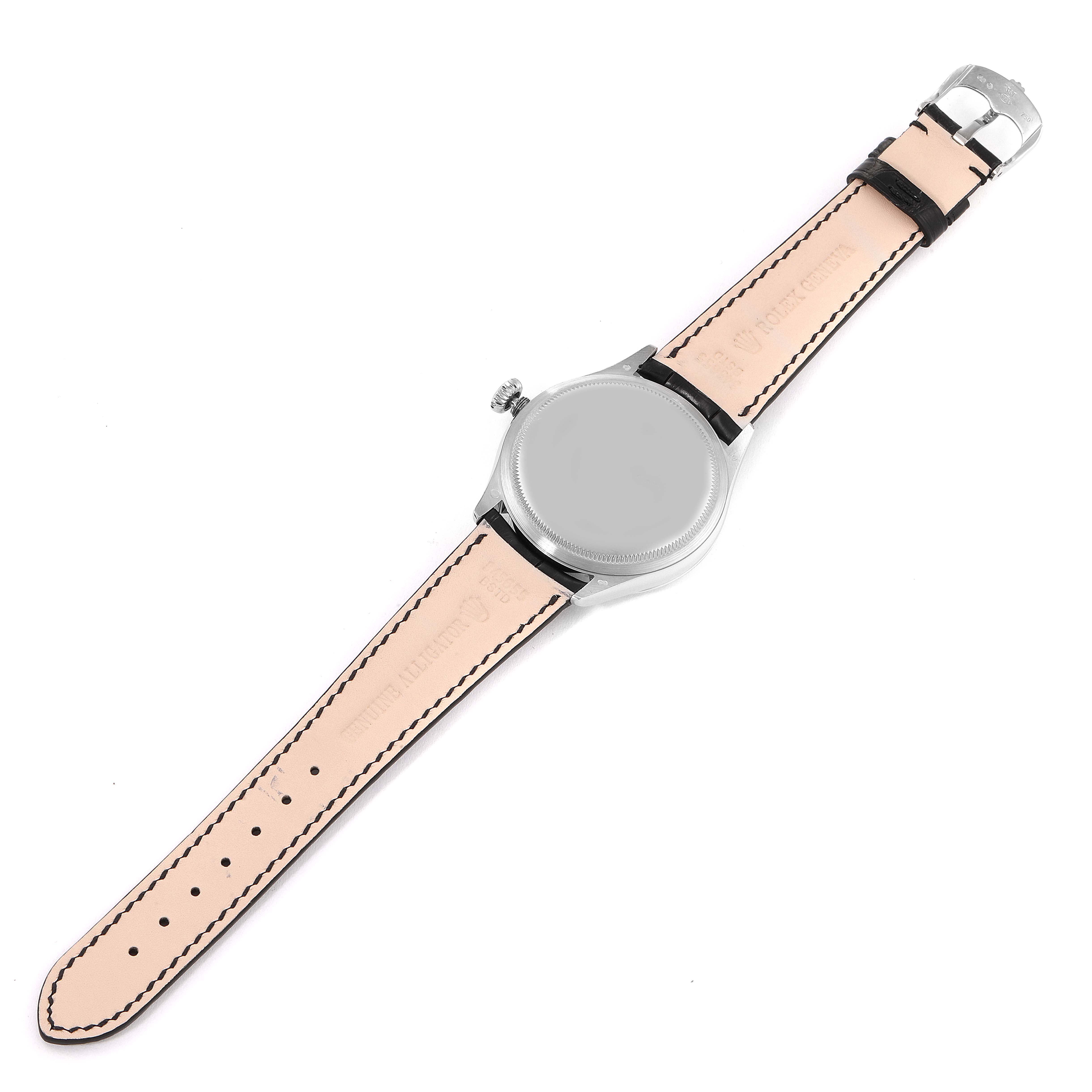 This image shows the back view of a Rolex Cellini 50509 Men's White Gold White Dial 50509 Men's White Gold White Dial watch, highlighting its leather strap and case back.