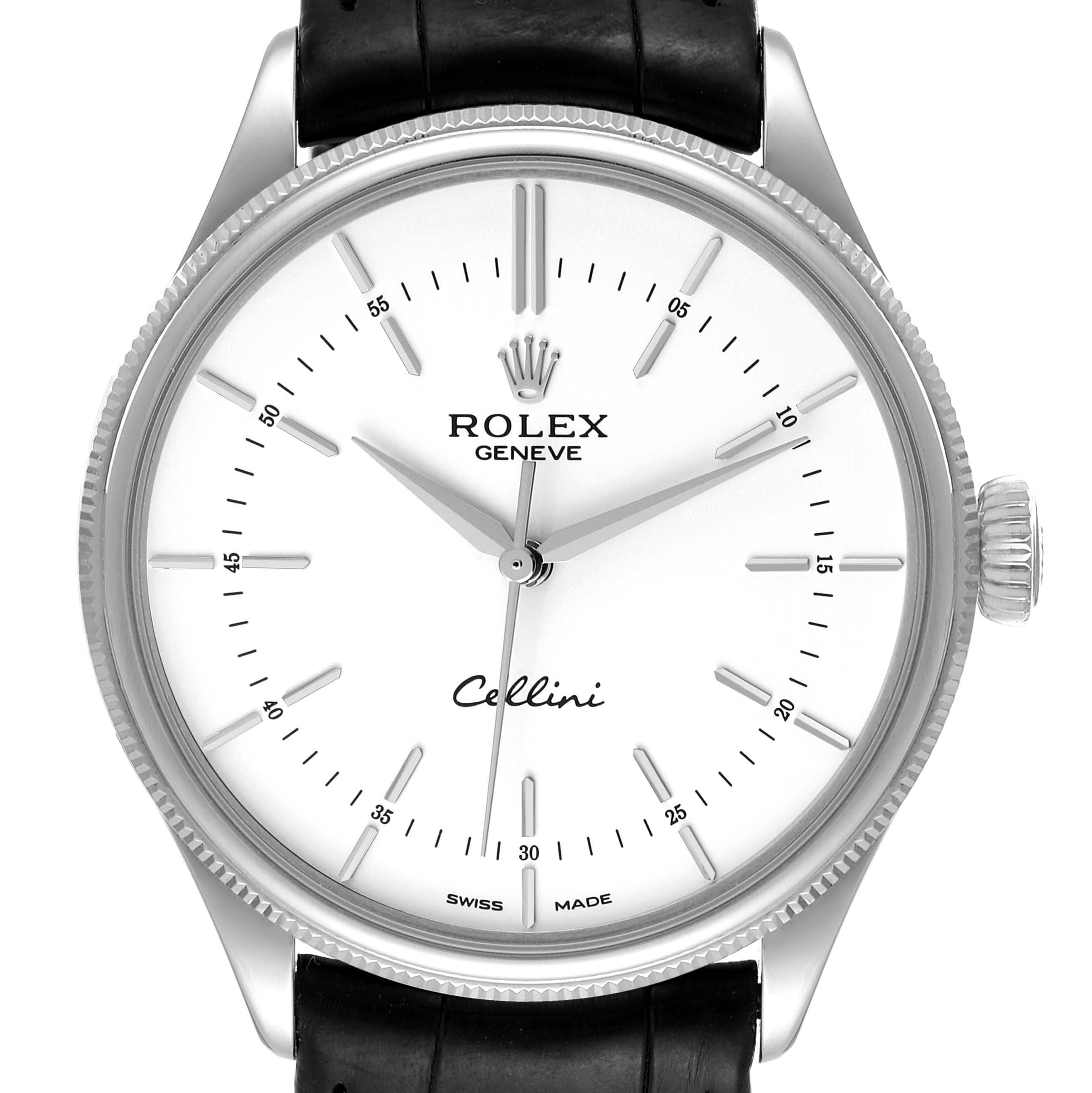 The image shows a Rolex Cellini 50509 Men's White Gold White Dial 50509 Men's White Gold White Dial watch, displaying the dial, hands, markers, logo, and part of the strap from a front angle.