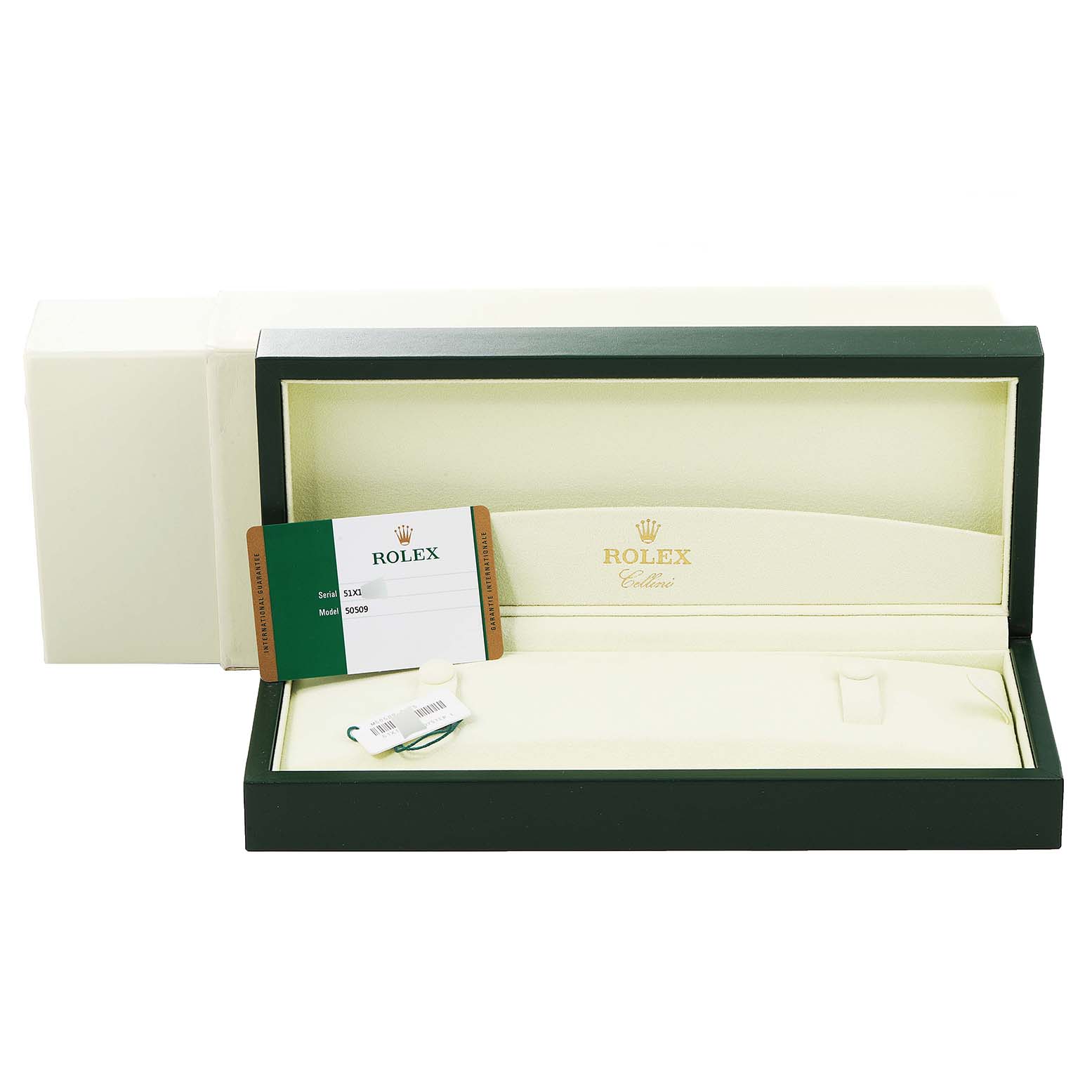 The image shows an empty Rolex Cellini 50509 Men's White Gold White Dial 50509 Men's White Gold White Dial watch box with an authenticity card, tags, and packaging.