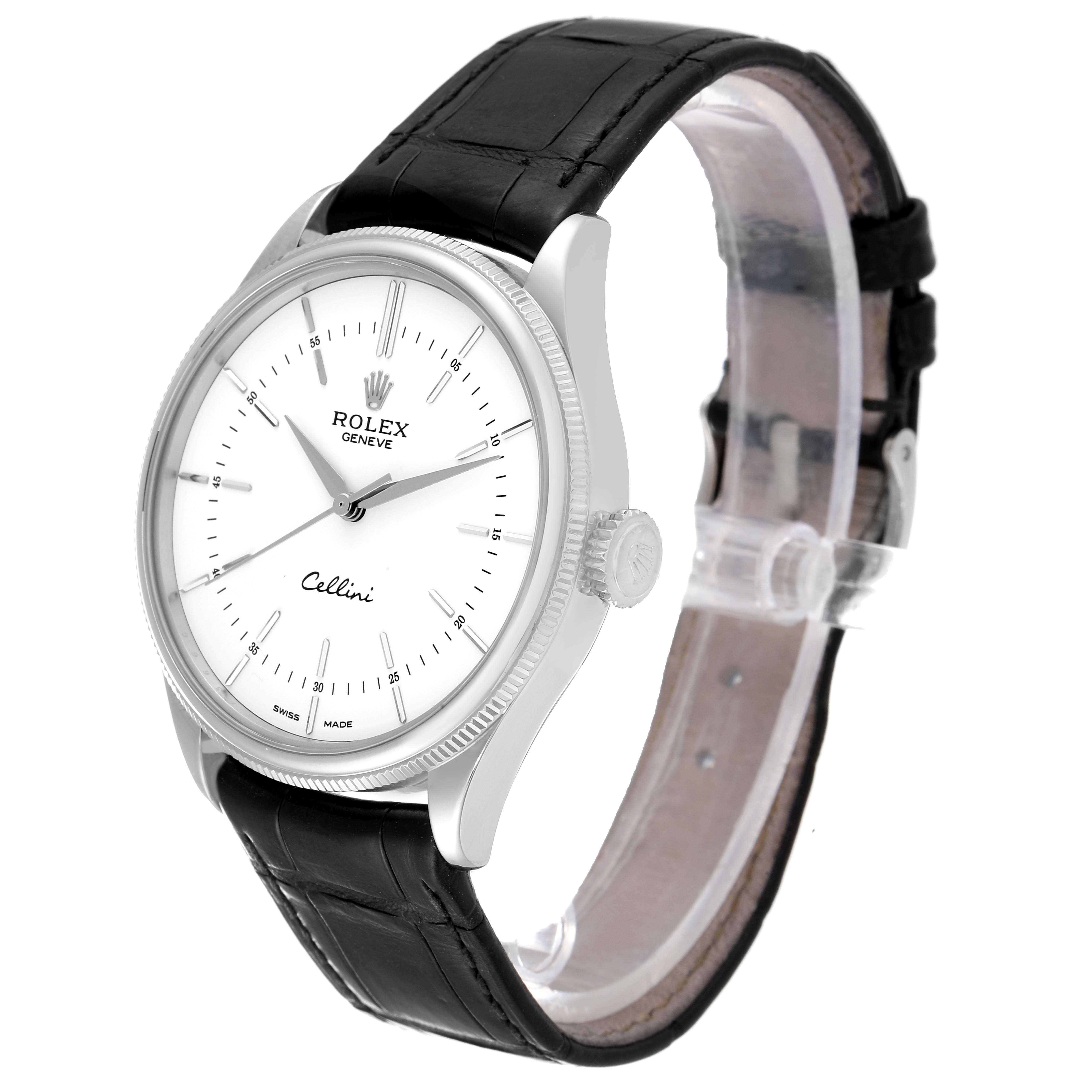 The Rolex Cellini 50509 Men's White Gold White Dial 50509 Men's White Gold White Dial watch is shown at a three-quarter angle, displaying the dial, case, crown, and leather strap.