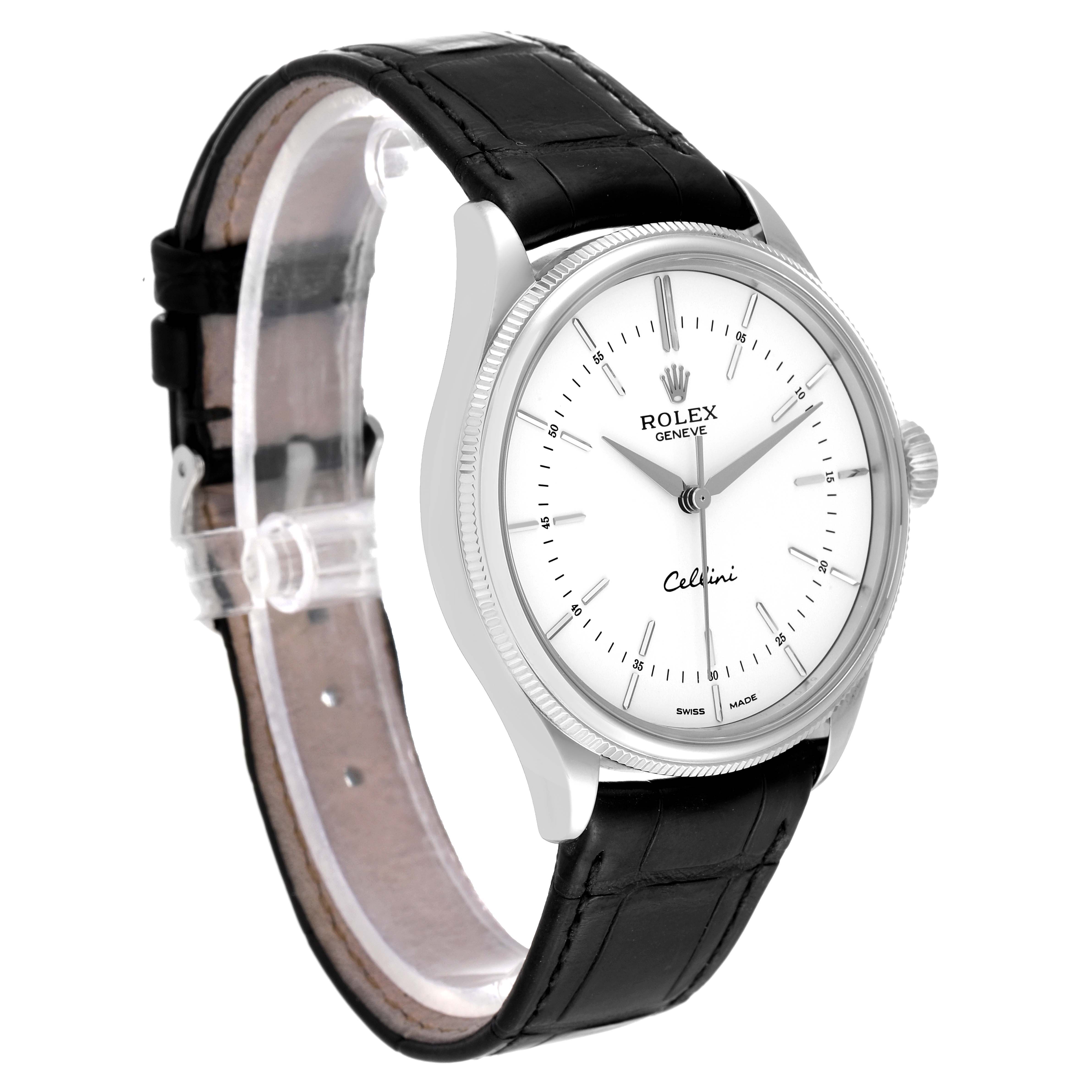 This image shows a front and side angle of a Rolex Cellini 50509 Men's White Gold White Dial 50509 Men's White Gold White Dial watch with a black leather strap and white dial.