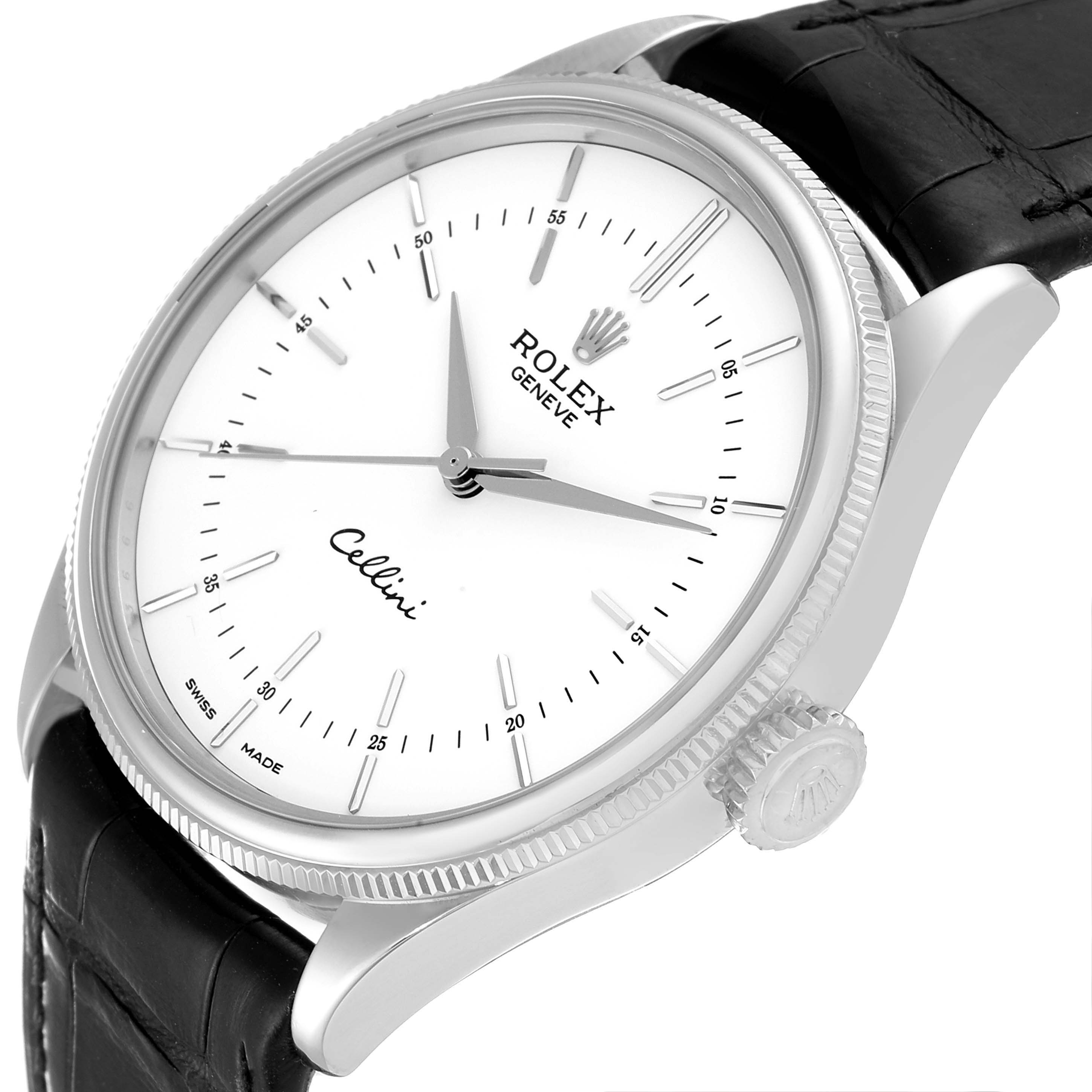 The image shows a side view angle of a Rolex Cellini 50509 Men's White Gold White Dial 50509 Men's White Gold White Dial watch, highlighting its white dial, crown, and black leather strap.