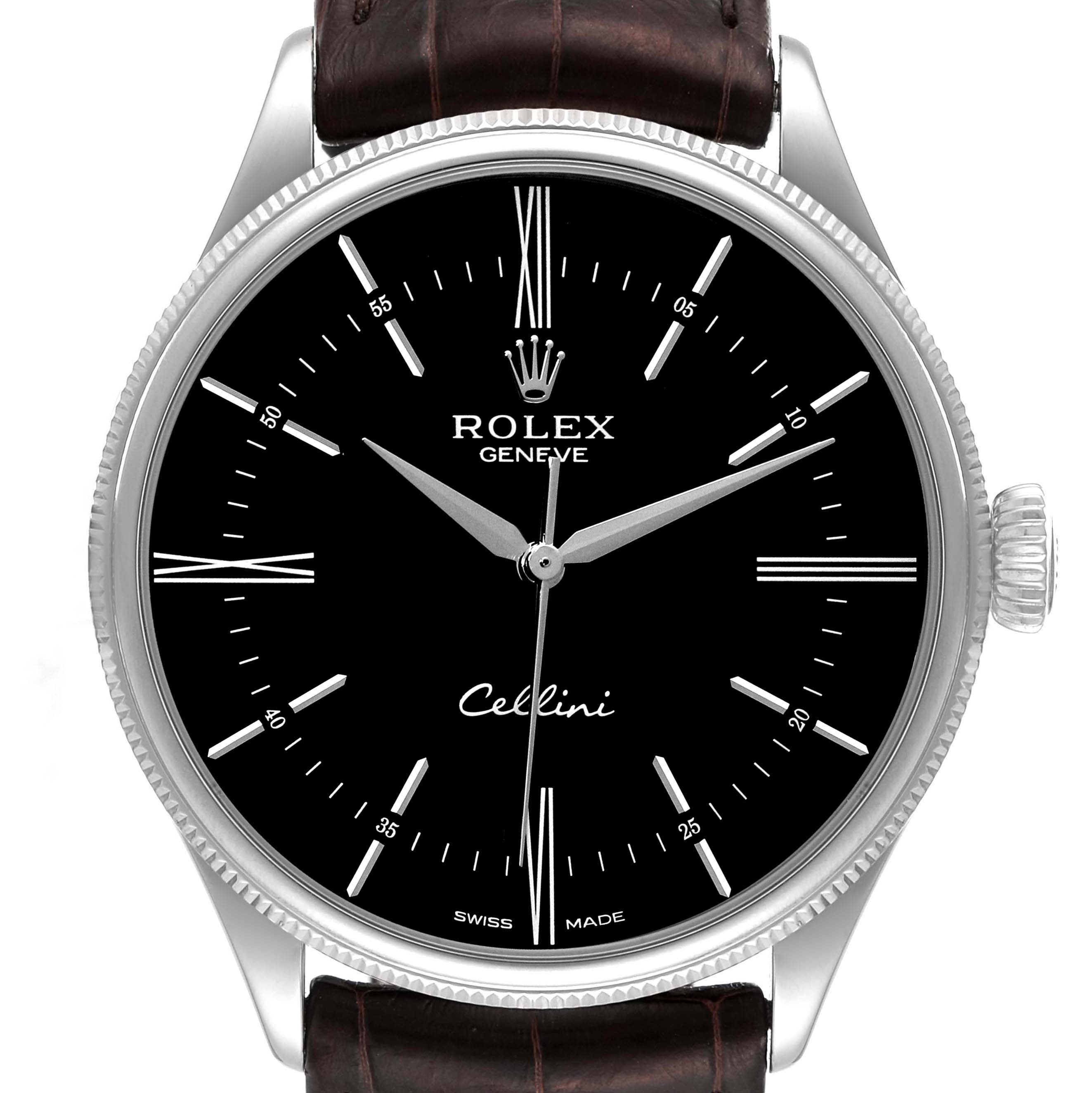 The image shows a front view of the Rolex Cellini 50509 Men's White Gold Black Dial 50509 Men's White Gold Black Dial watch, highlighting its black dial, silver hands, and brown leather strap.