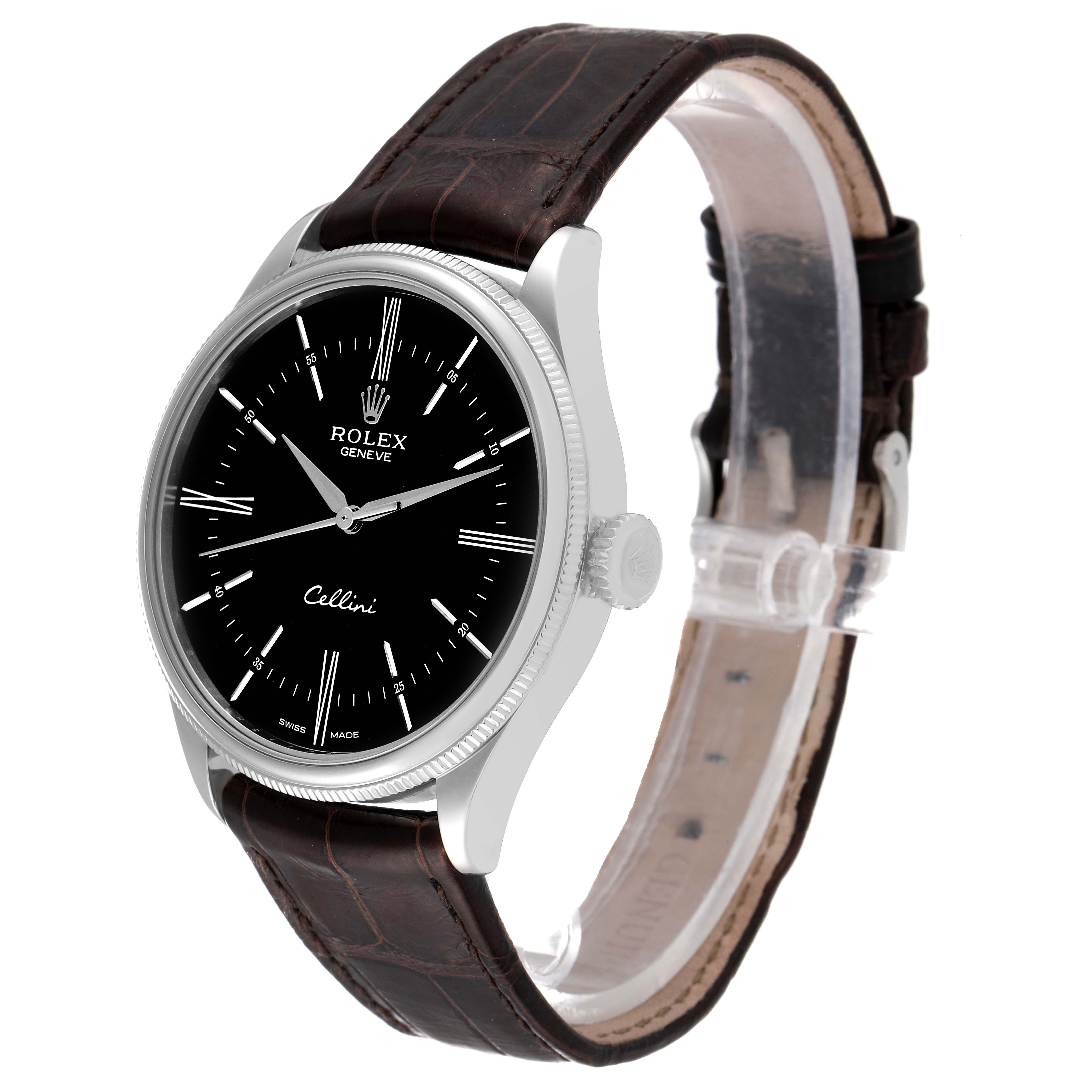 The image shows a Rolex Cellini 50509 Men's White Gold Black Dial 50509 Men's White Gold Black Dial watch at a three-quarter angle, displaying the dial, case, crown, and leather strap.
