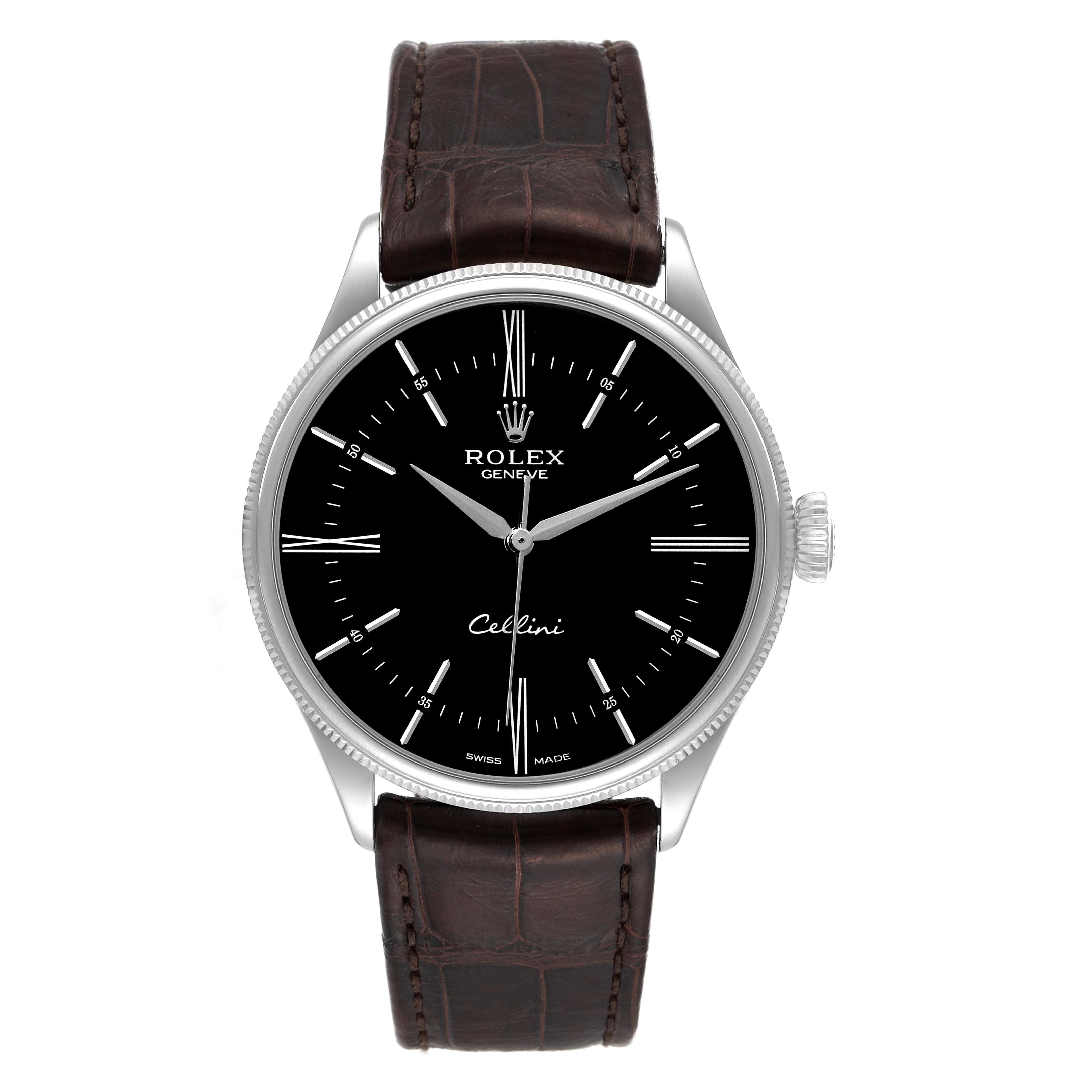 The image shows a front view of a Rolex Cellini 50509 Men's White Gold Black Dial 50509 Men's White Gold Black Dial watch, featuring its black dial, silver hands, and brown leather strap.
