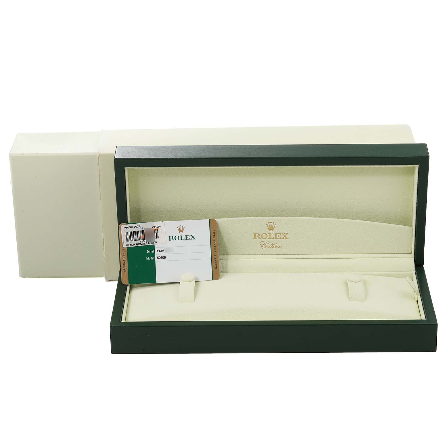 The image shows an open Rolex Cellini 50509 Men's White Gold Black Dial 50509 Men's White Gold Black Dial watch box with an empty cushion and identification card.